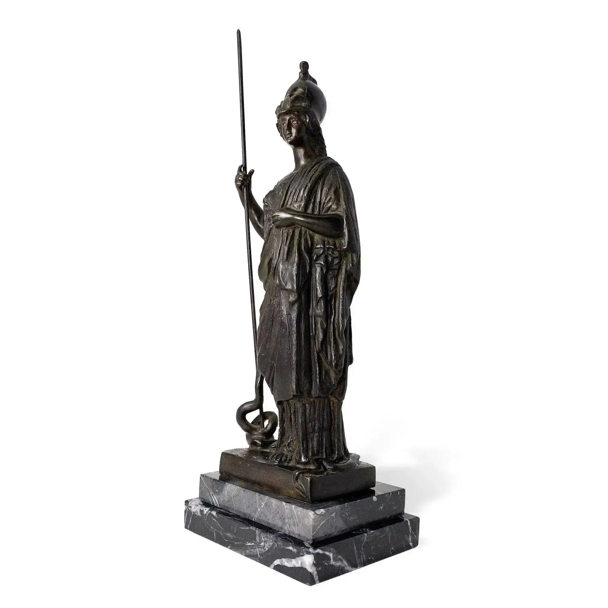 Vue latérale de la statue en bronze de Minerve, déesse de la sagesse