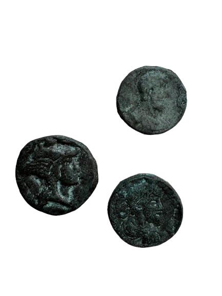 Conjunto de monedas de bronce con pátina verde, que representan detalles antiguos en relieve, fotografiadas sobre fondo blanco.