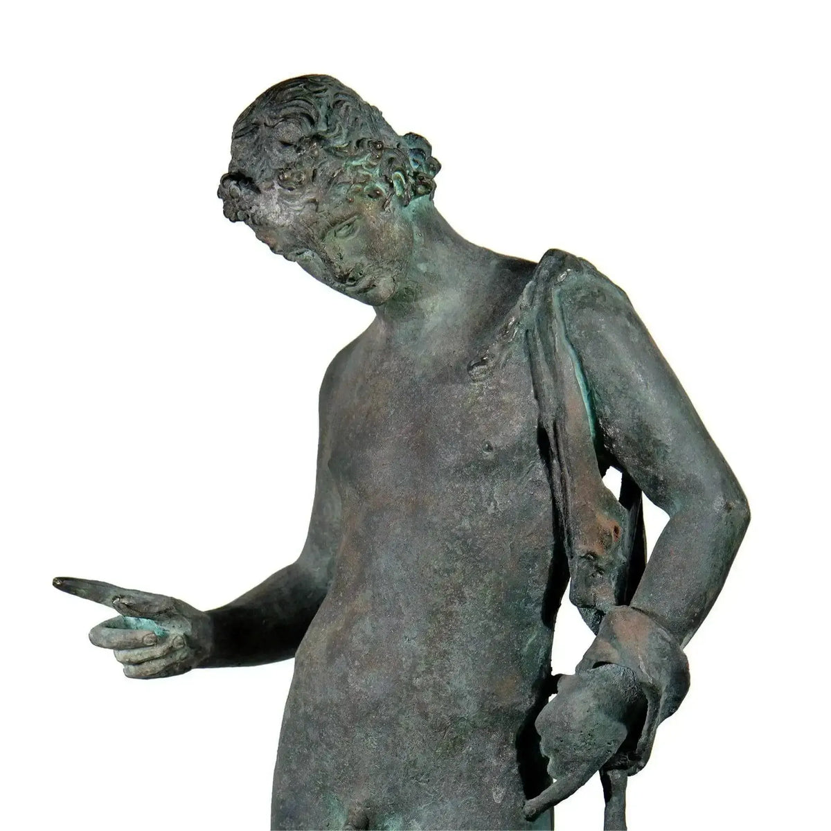 Close-up, bronze statue of Narcissus
