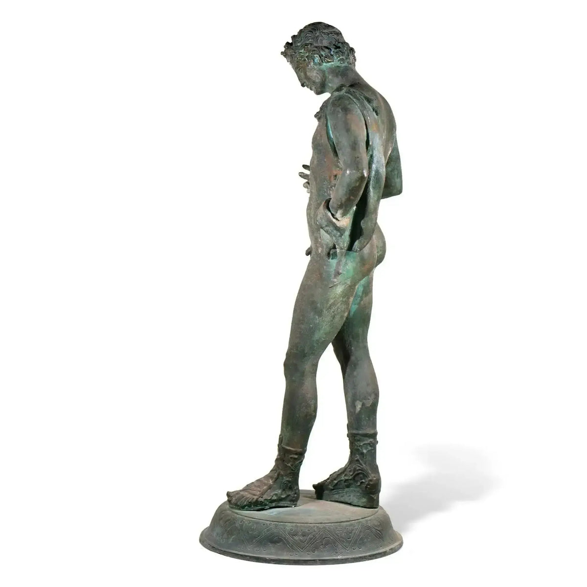 Side view of the bronze statue of Narcissus