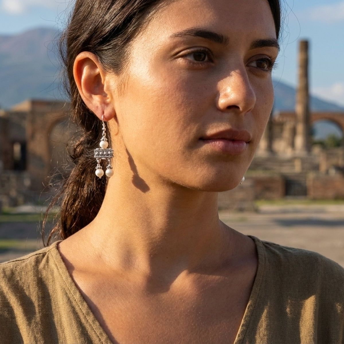 Crotalia Ohrringe aus Pompeji mit zwei Anhängern aus 925er Silber getragen  