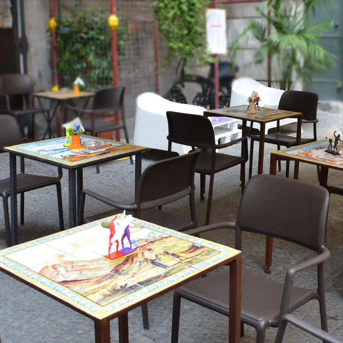 Museum Cafe, tables our panels inspired by Santa Chiara and her majolica