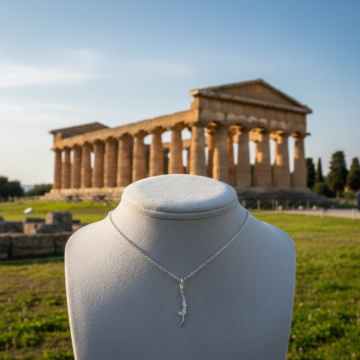 Pendente Tuffatore di Paestum piccolo in argento, su un espositore chiaro con un tempio sullo sfondo