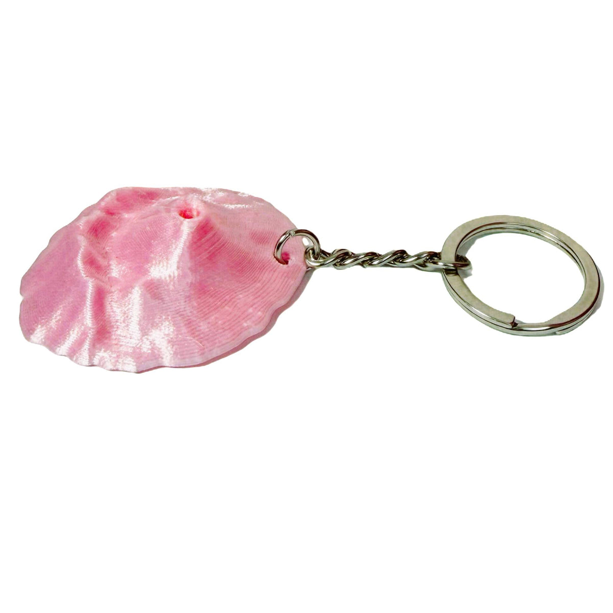 Portachiavi rosa in bioplastica a forma di Vesuvio, con catenella e anello metallici, visto dall’alto