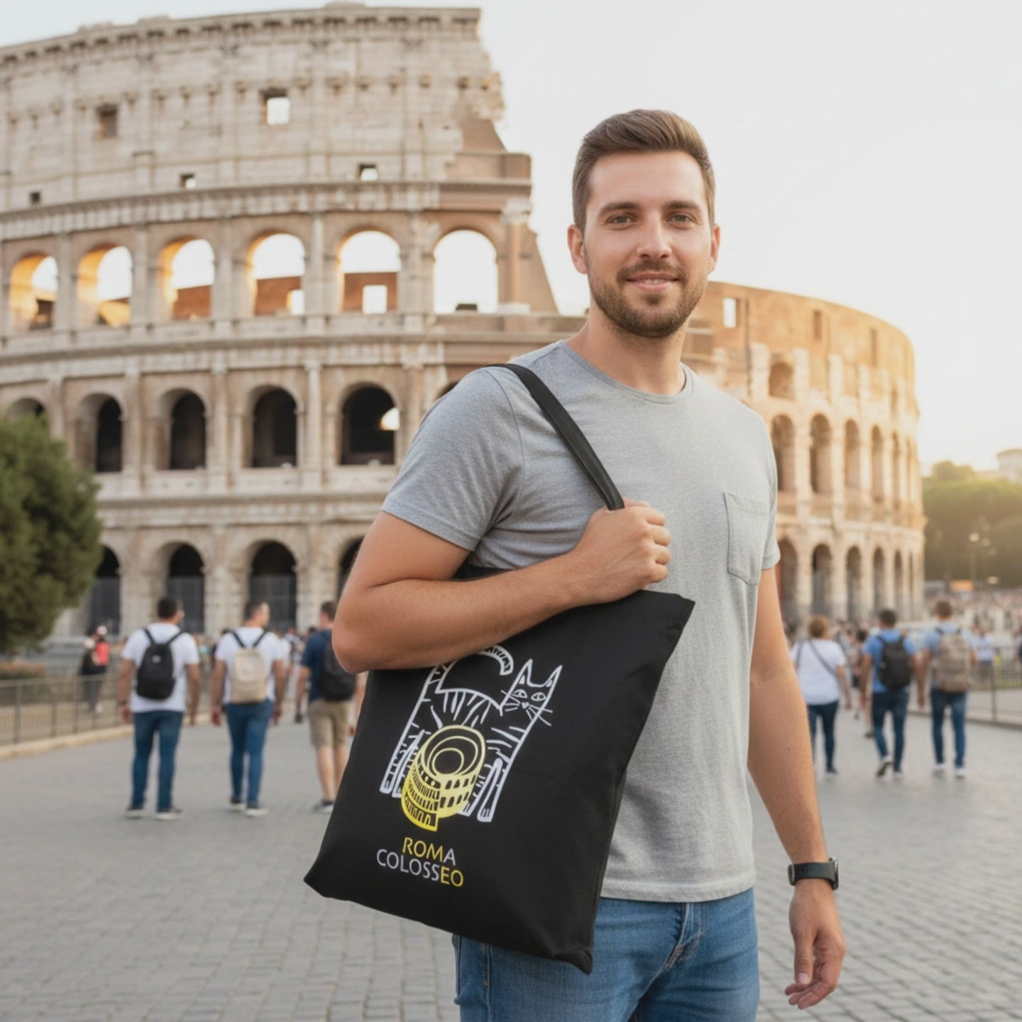 Borsa shopper Colosseo Gatto in cotone nero