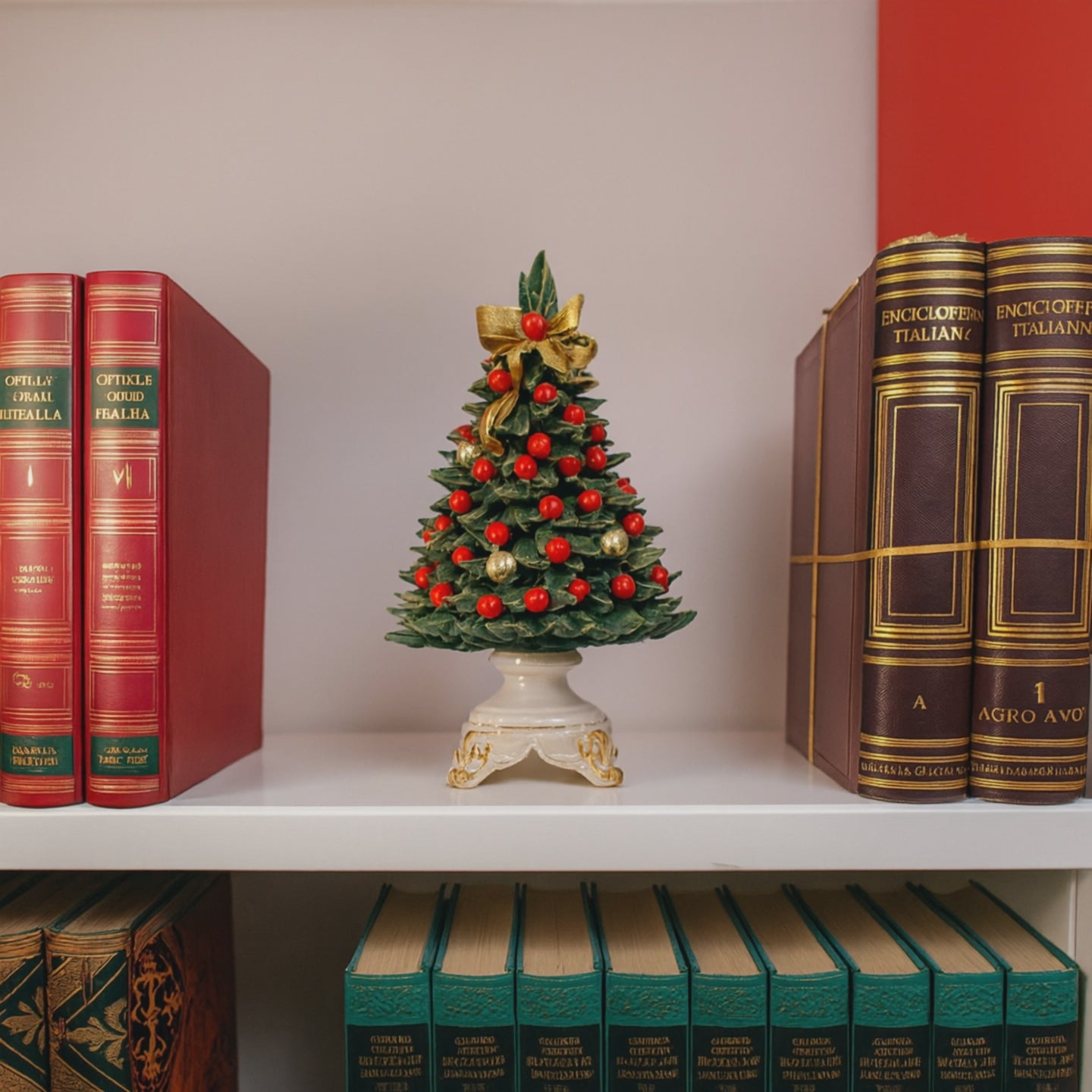 Albero natalizio in porcellana con decorazioni rosse e bianche.