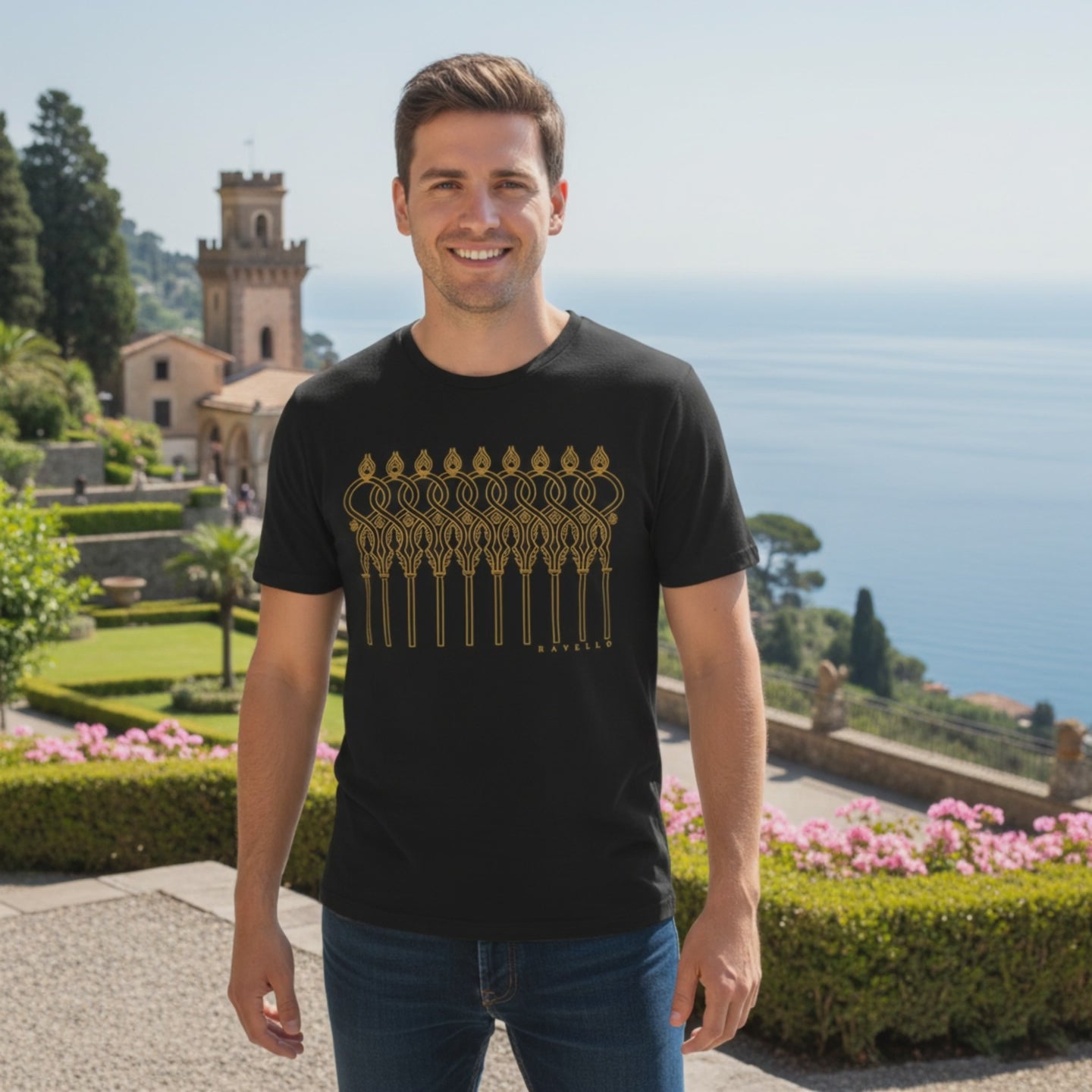 T-shirt uomo in cotone ispirata ai giardini e all’arte di Villa Rufolo.