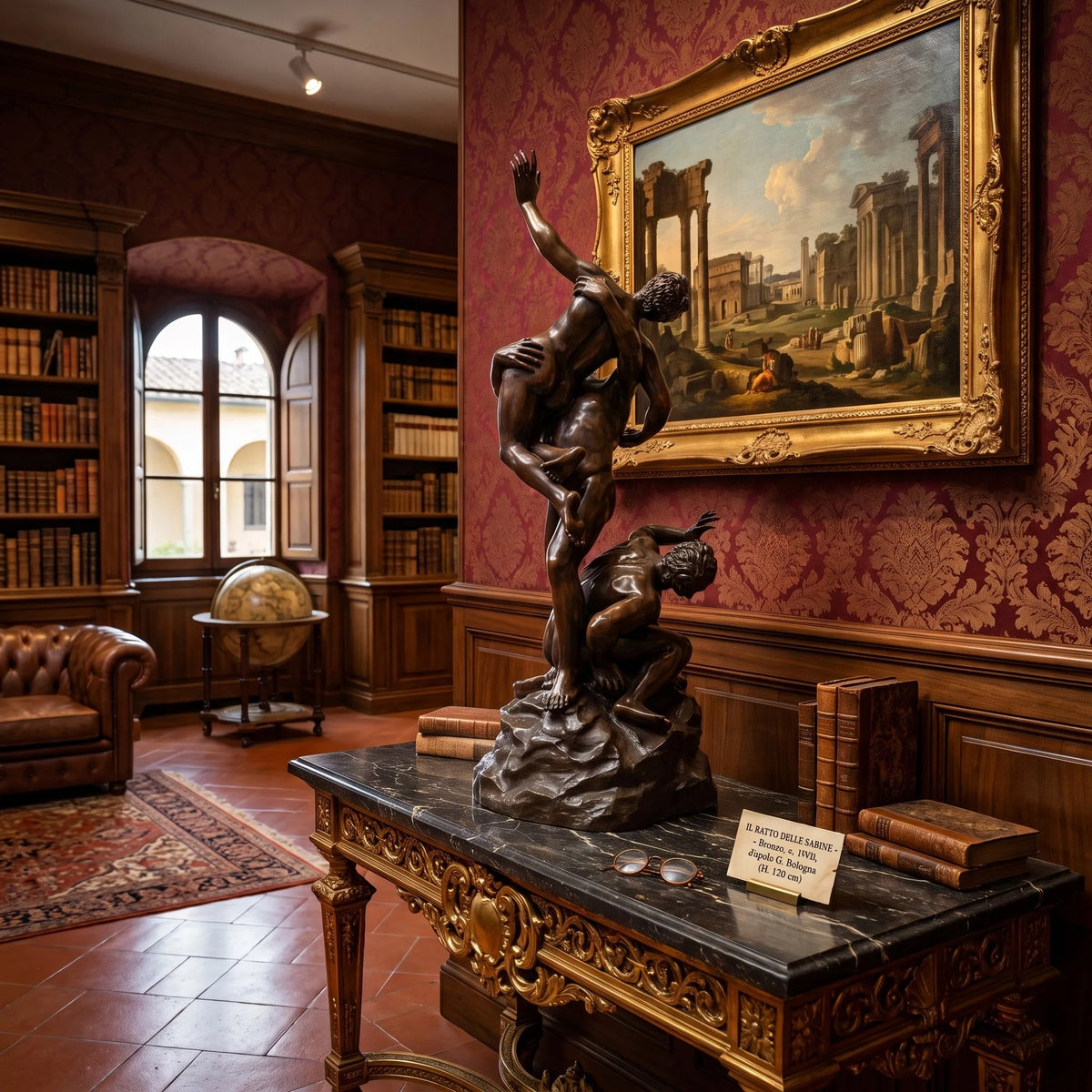 Scultura Ratto delle Sabine in bronzo in un salone elegante