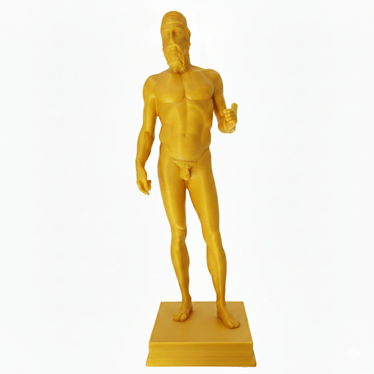 Riproduzione del Bronzo di Riace modello B in PLA giallo, su base quadrata e fondo bianco.