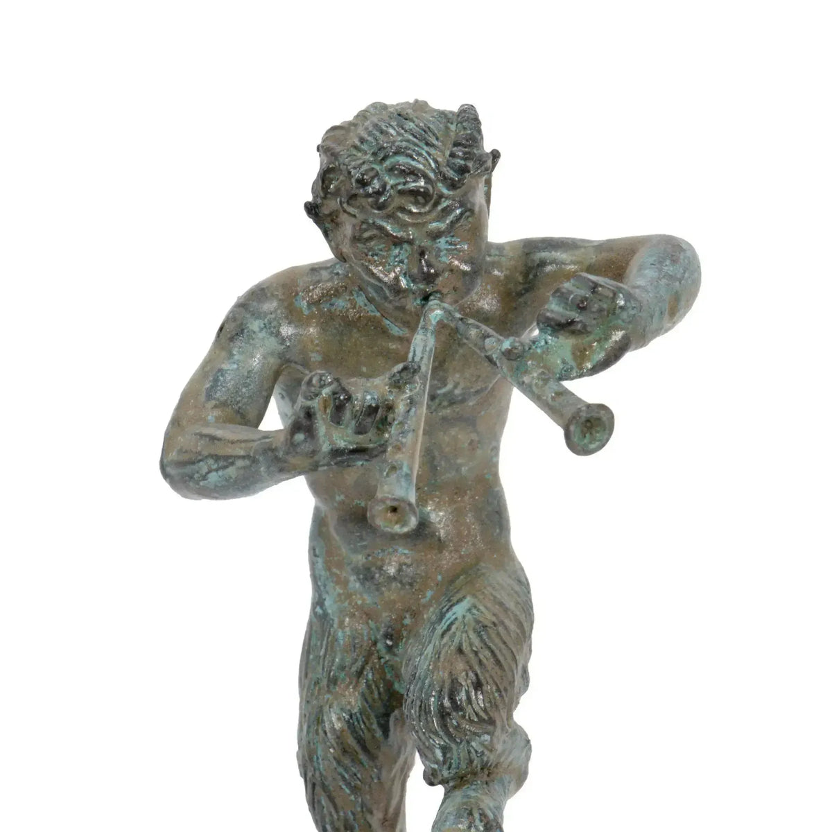 Close-up of a bronze statuette depicting the faun with fifes.