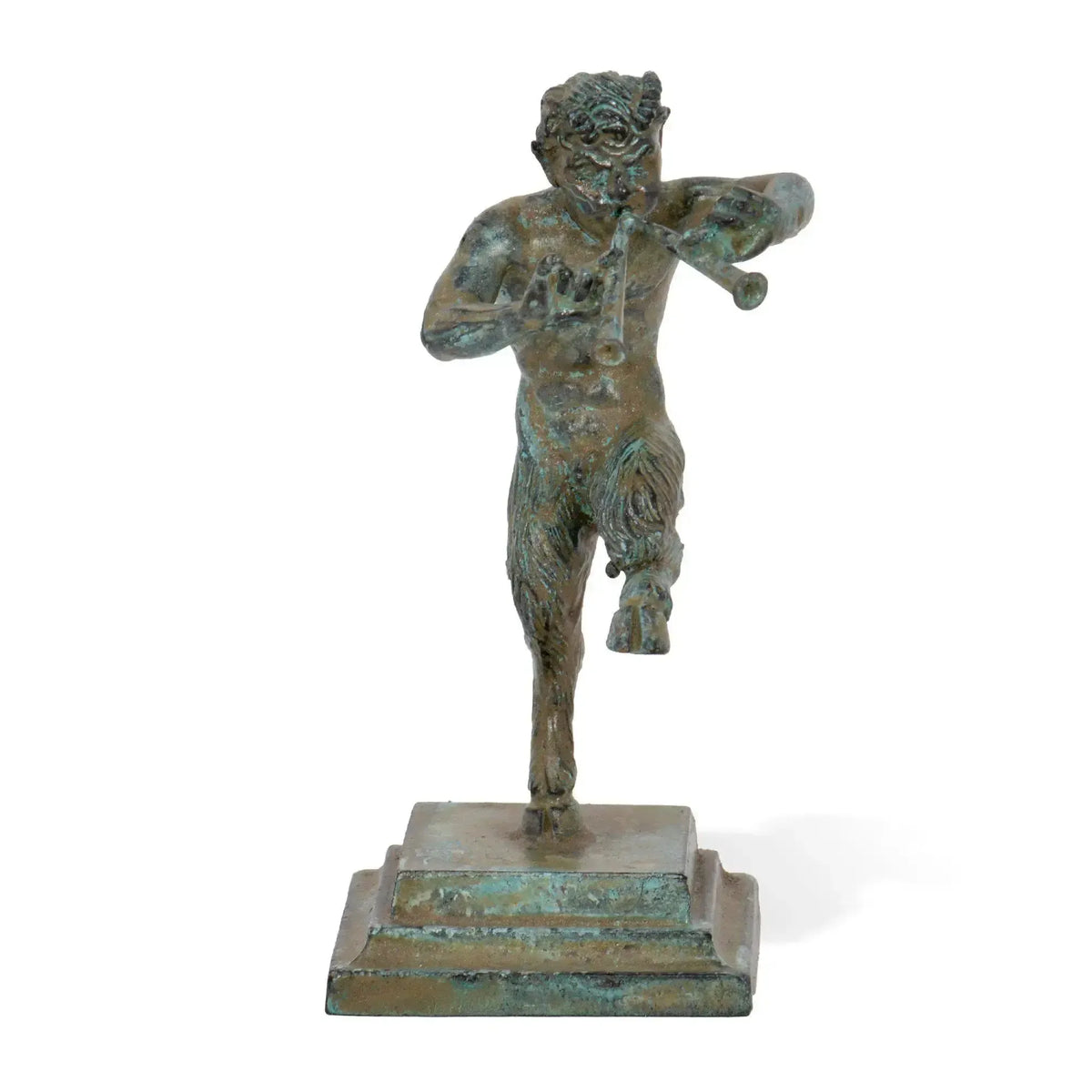 Front view Roman faun with bronze fifes.