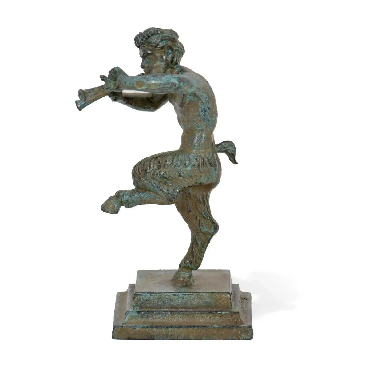 Side view of the Faun with bronze fifes, artistic statuette.