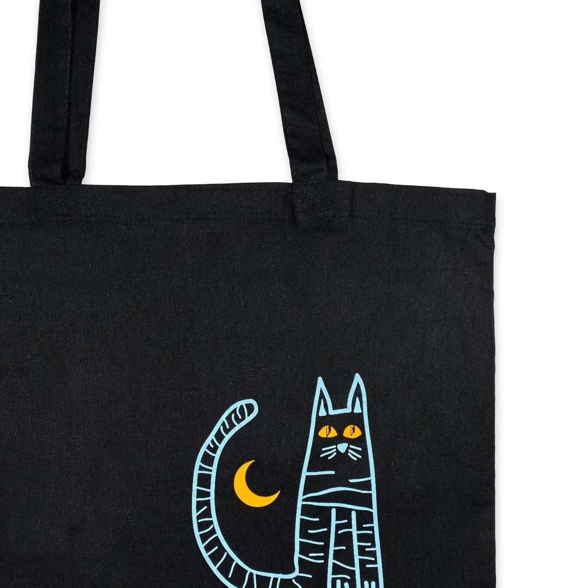 黒いコットン製「柱の上の猫」ショッパーバッグ