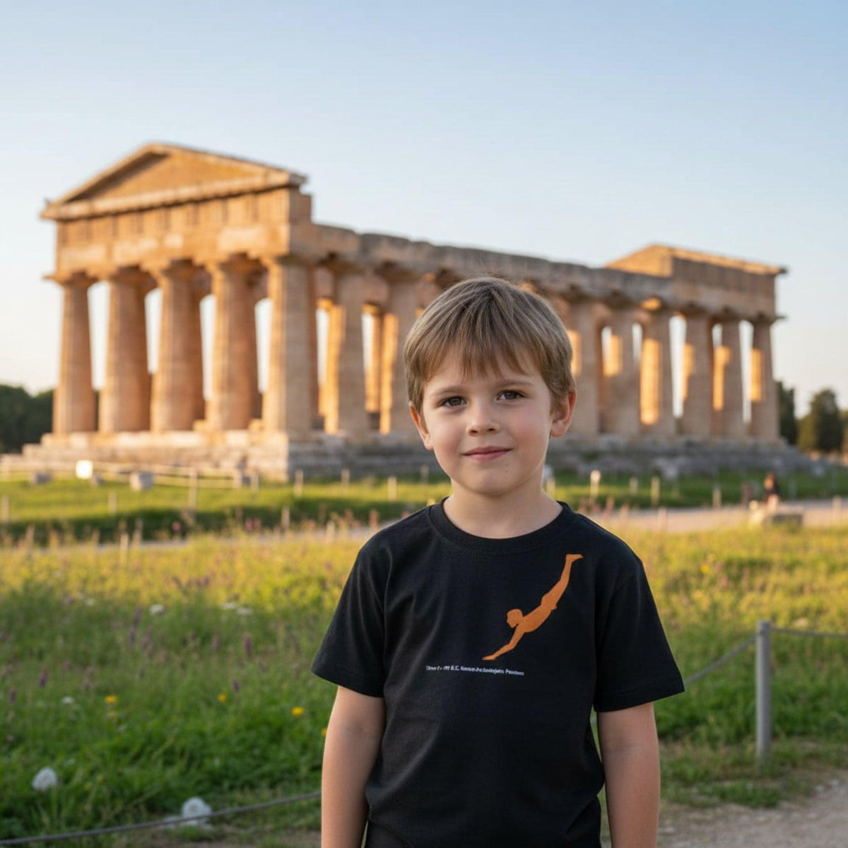 Camiseta negra para niños con estampado del buceador de Paestum