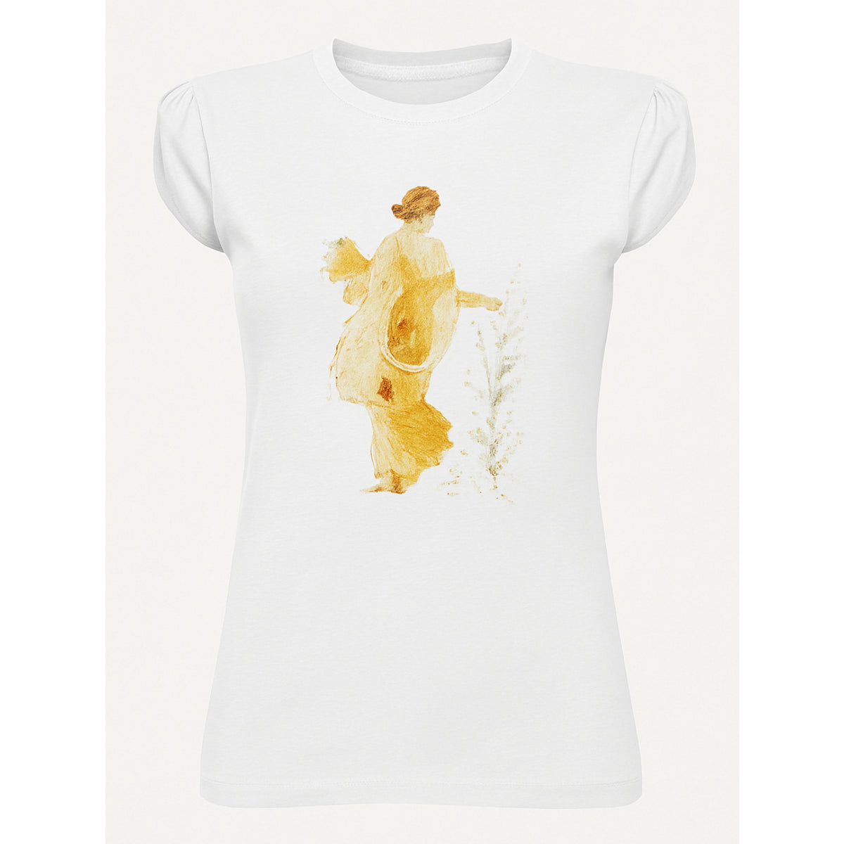 Camiseta de mujer de algodón con estampado artístico inspirado en la diosa Flora.