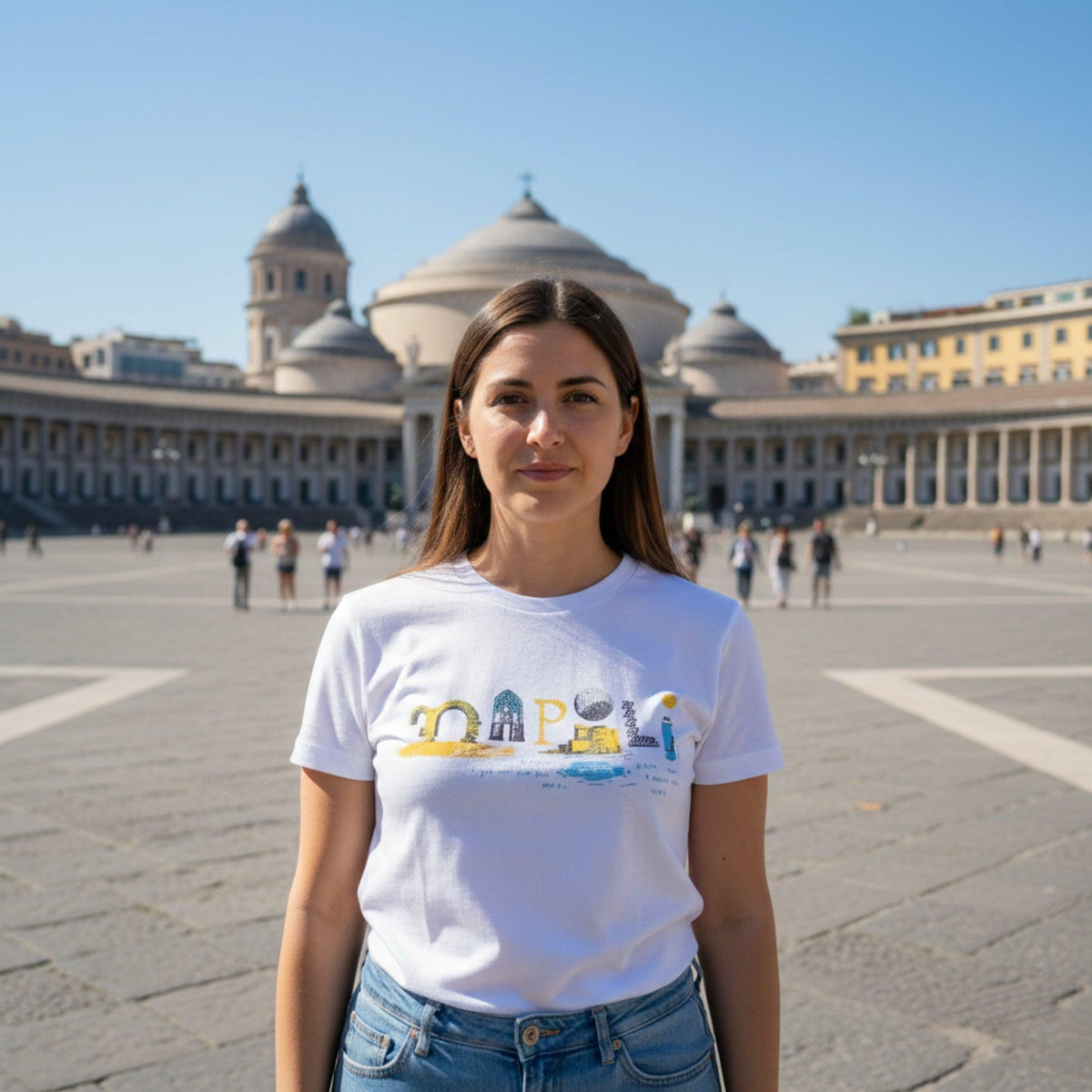 T-shirt bianca da donna con scritta multicolore «Napoli», indossata in una piazza con colonnato.