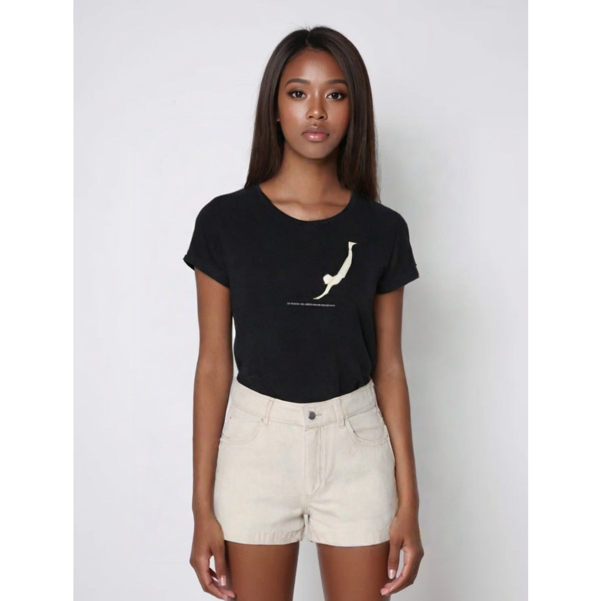 Damen-T-Shirt aus Baumwolle mit künstlerischem Druck des Taucher von Paestum.