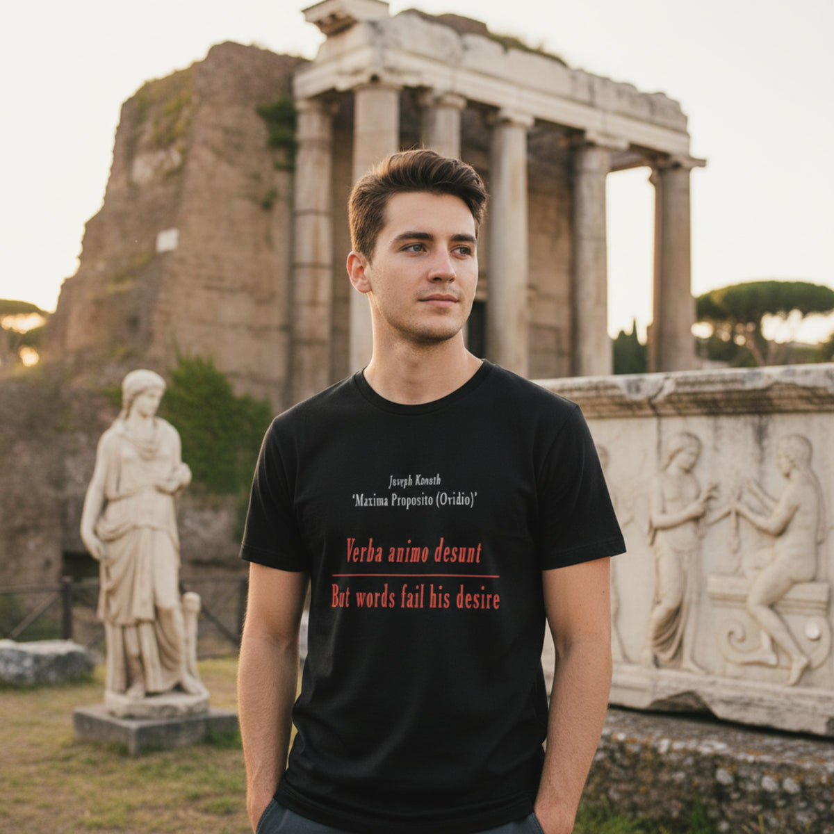 Men's cotton T-shirt inspired by conceptual art and quotes from Ovid and Joseph Kosuth.