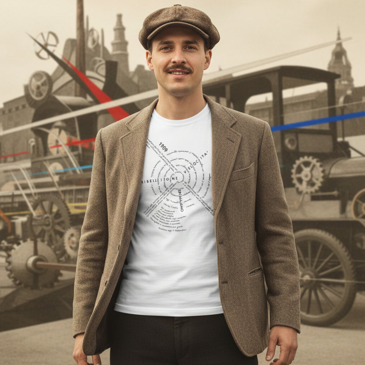 T-shirt bianca da uomo con stampa del Manifesto Futurista, indossata sotto una giacca marrone davanti a uno sfondo industriale illustrato.