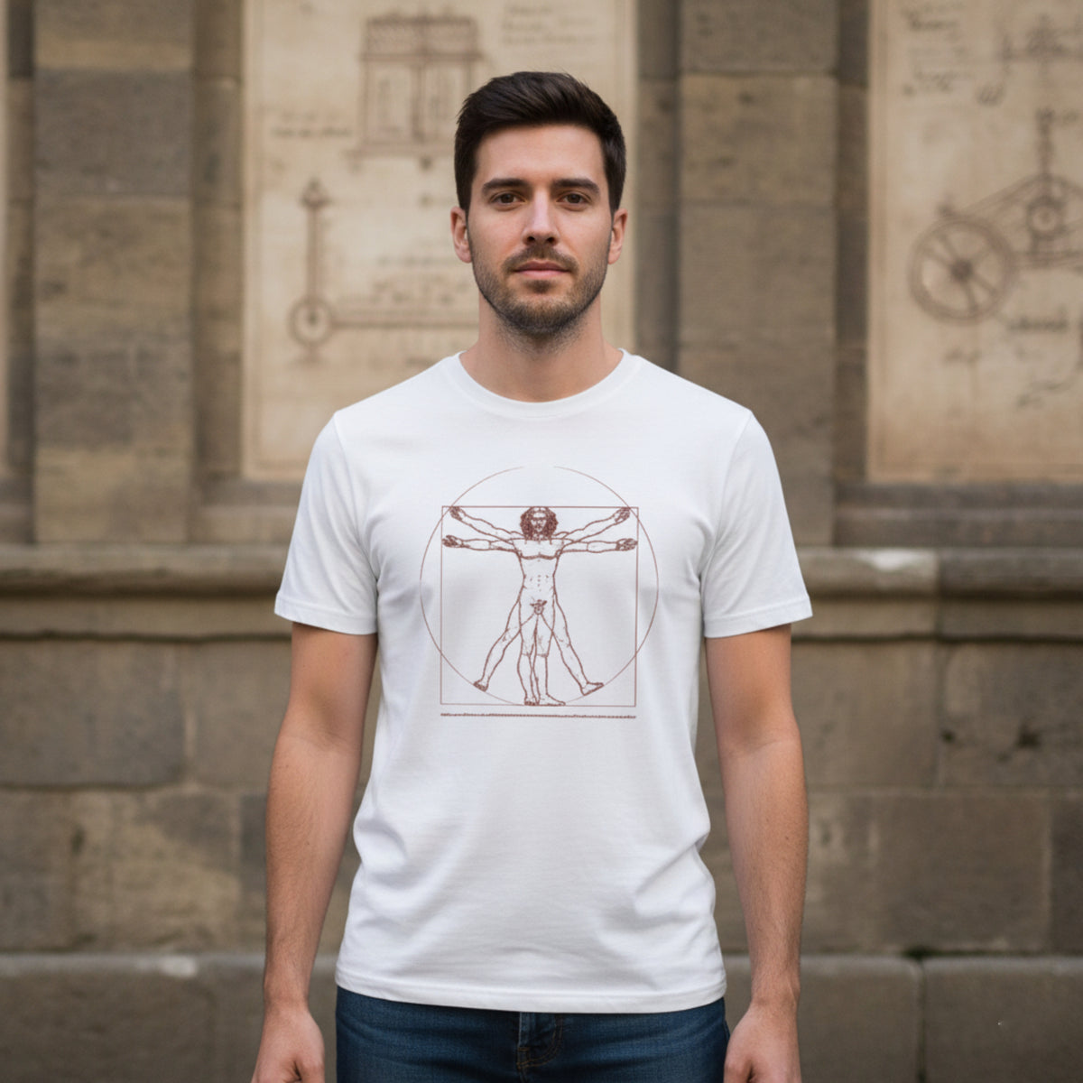 Men's white T-shirt with Leonardo Da Vinci's Vitruvian Man print
