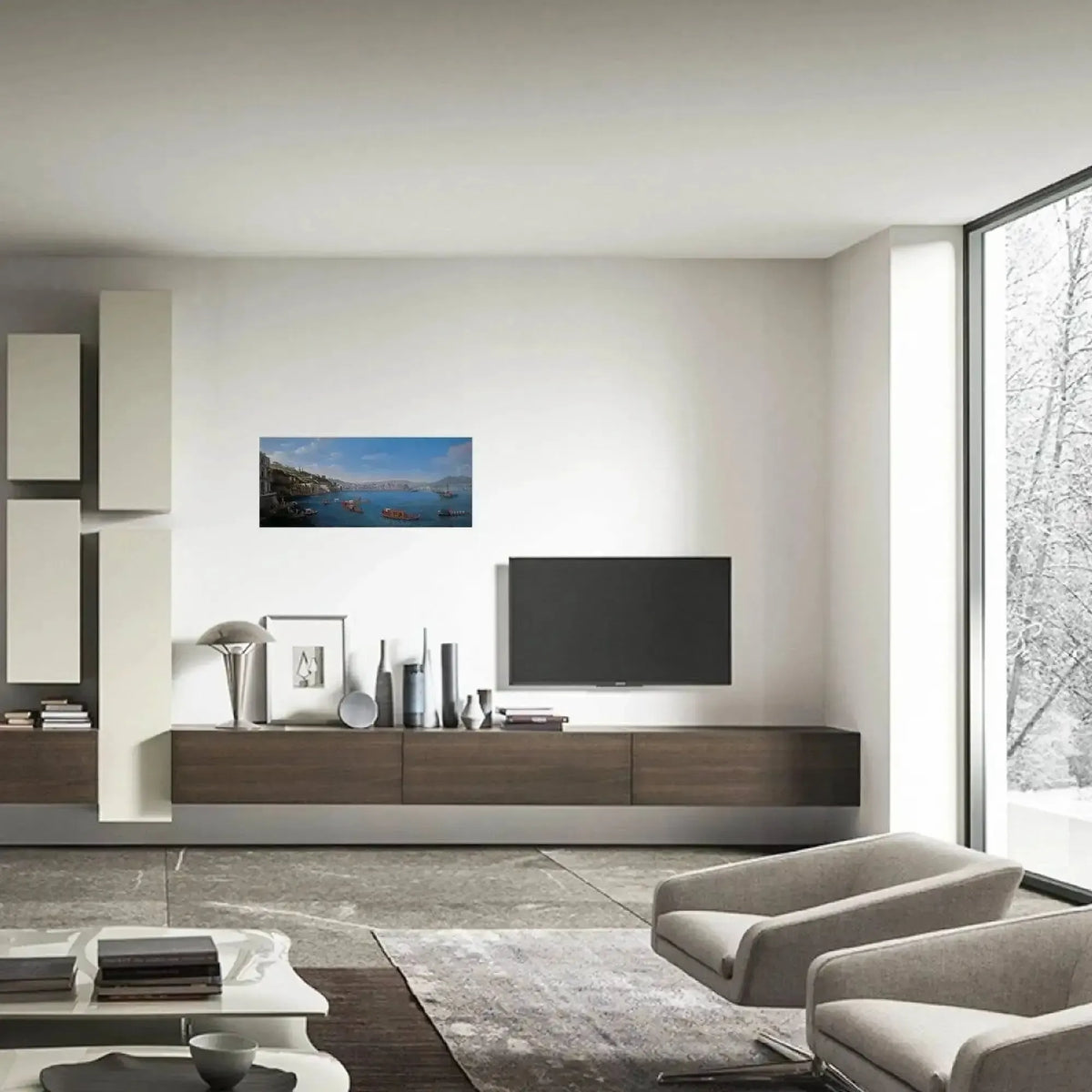 "Posillipo with Palazzo Donn'Anna" by Gaspare Vanvitelli, set in a modern house.