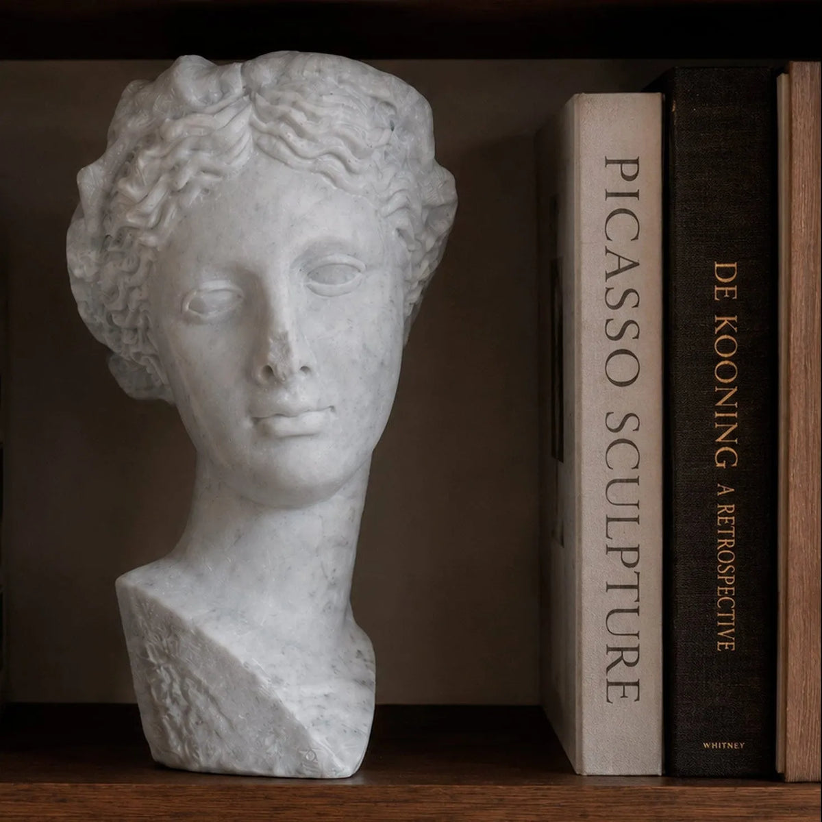 Busto di Thalia, Musa della Commedia, in marmo bianco di Carrara ,vista frontale in una libreria.