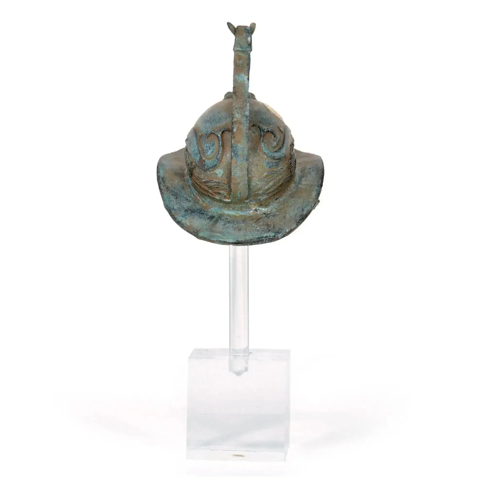 Rear view of a bronze Roman Thracian gladiator helmet.