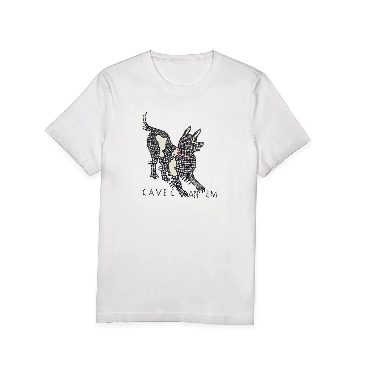 T-shirt uomo bianca in cotone con stampa Cave Canem, vista frontale su fondo bianco.