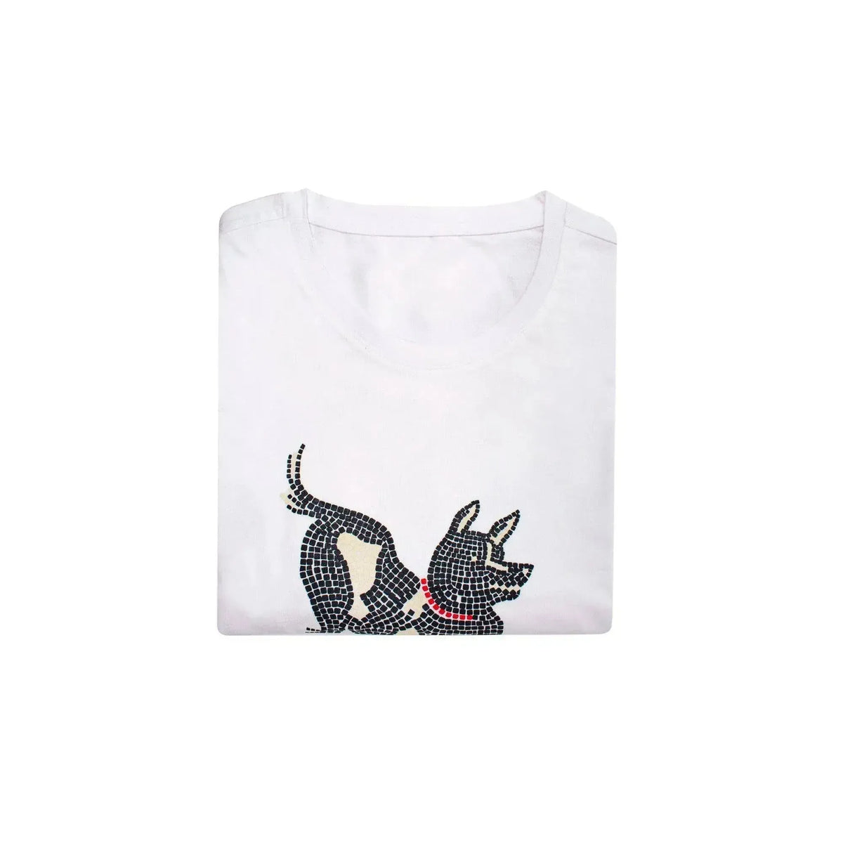 T-shirt uomo bianca piegata, con dettaglio della stampa del cane Cave Canem.