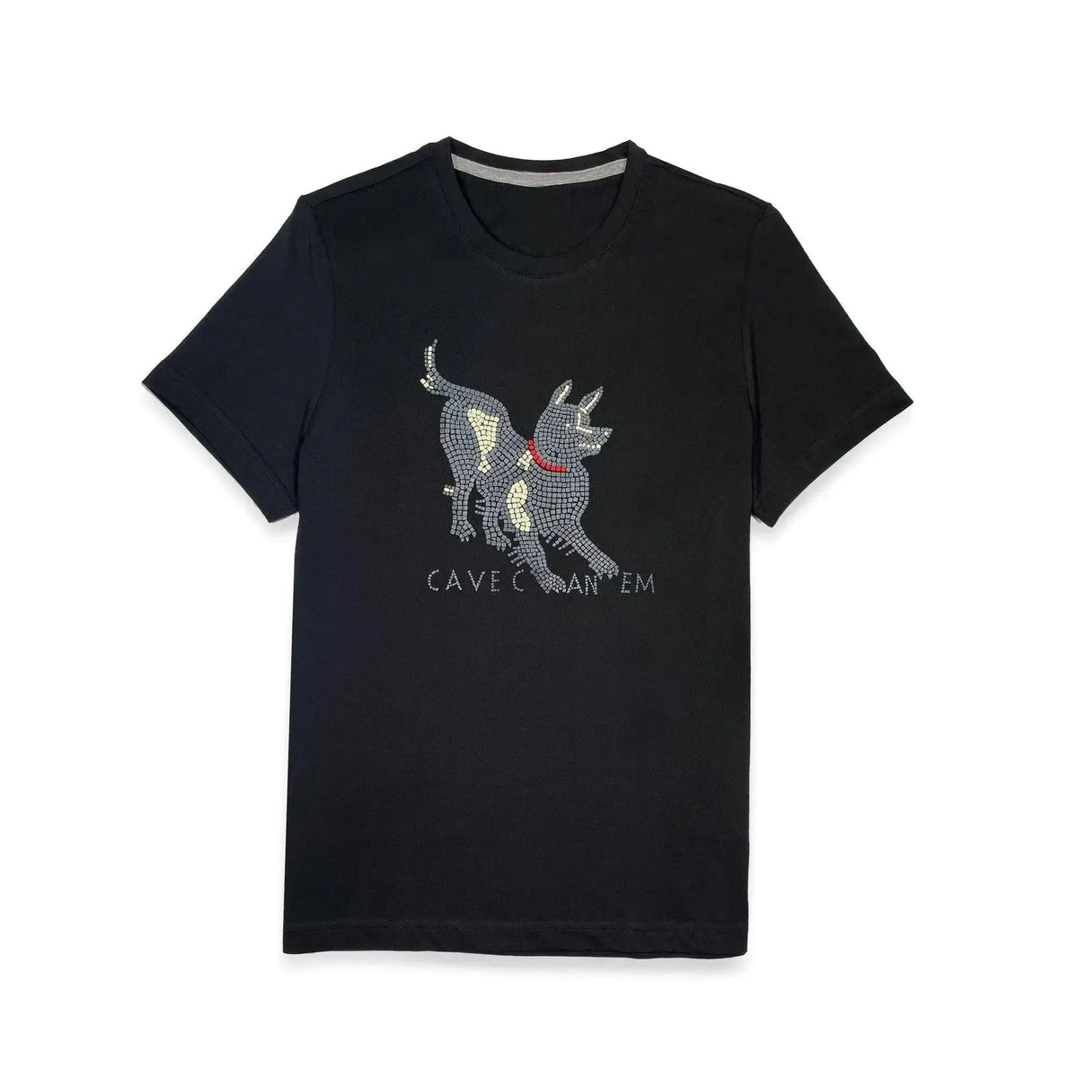 T-shirt uomo nera in cotone con stampa Cave Canem, vista frontale su fondo bianco.