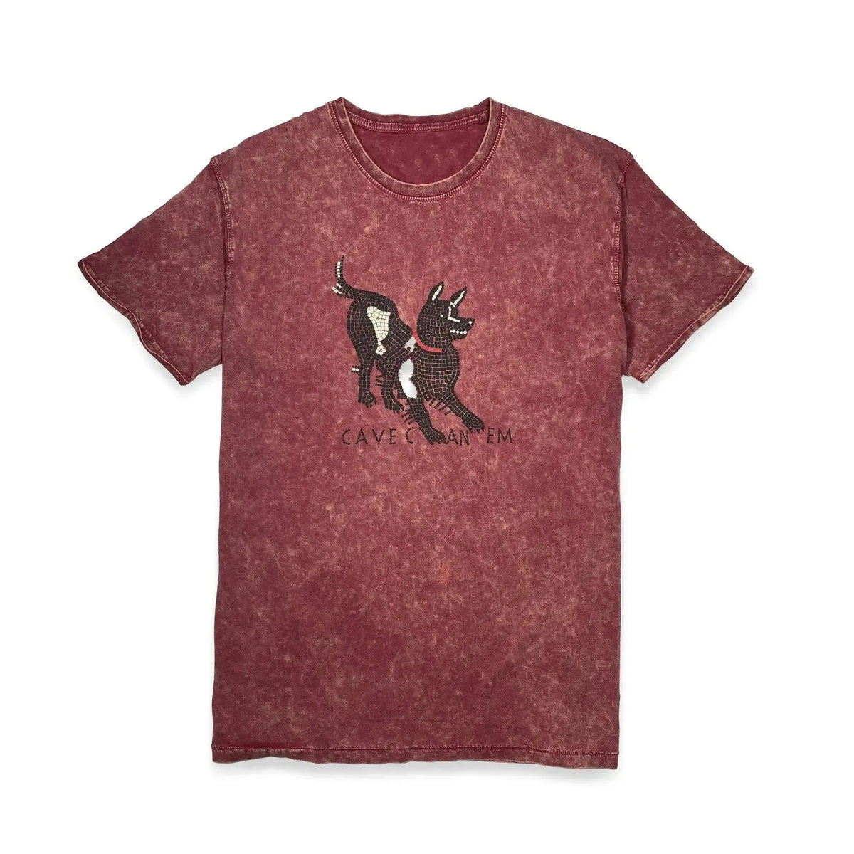 T-shirt uomo rosso vintage in cotone con stampa Cave Canem, vista frontale su fondo bianco.