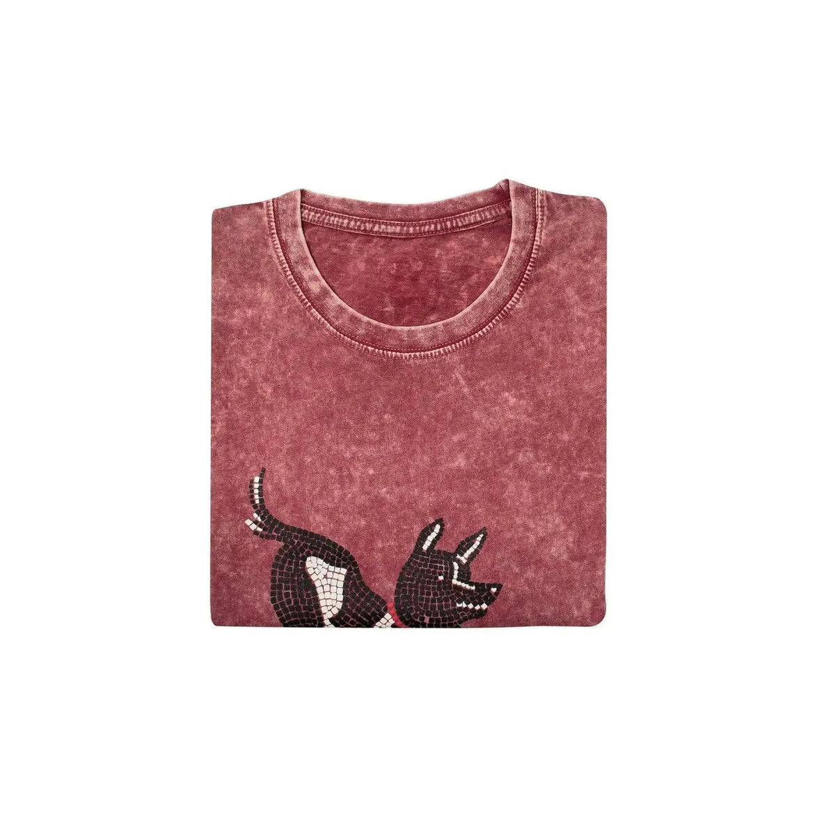 T-shirt uomo rosso vintage piegata, con dettaglio del collo e della stampa Cave Canem.