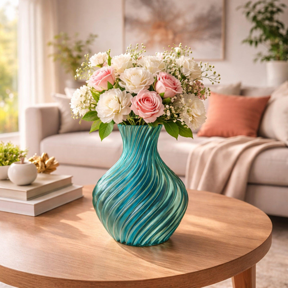 Blue/tiffany vase with flowers on coffee table in living room