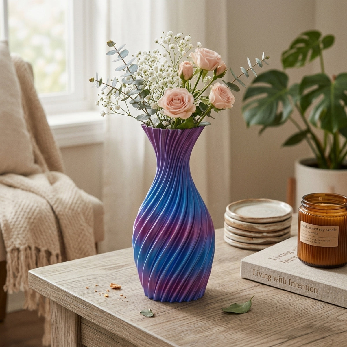 Blue/purple vase with flowers on coffee table in living room