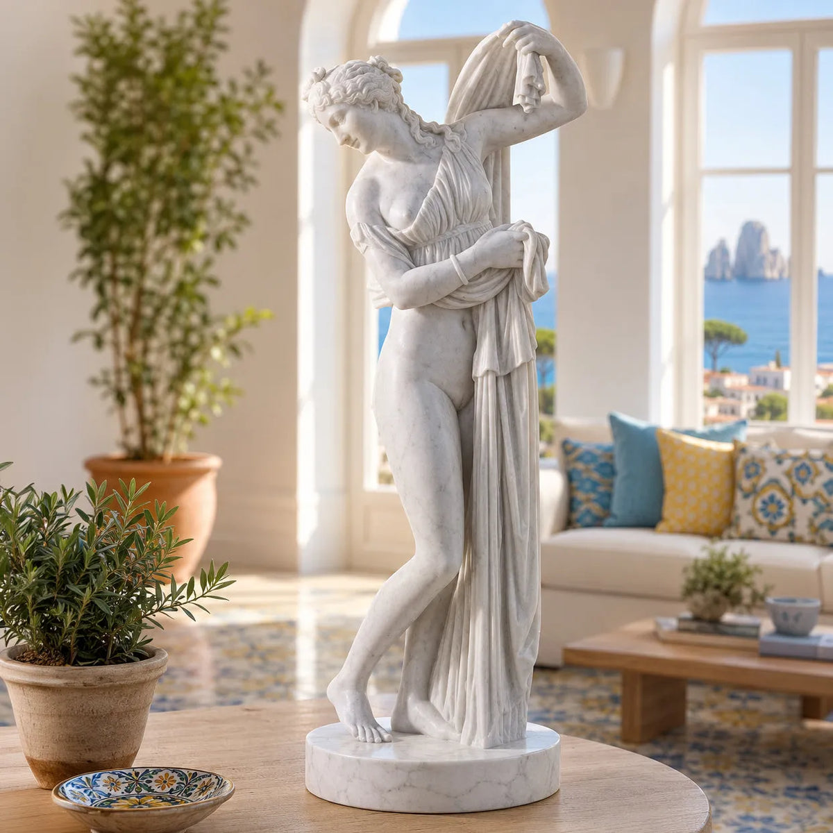 Venere Callipigia in marmo di Carrara, in un salotto luminoso accanto a piante e divano.
