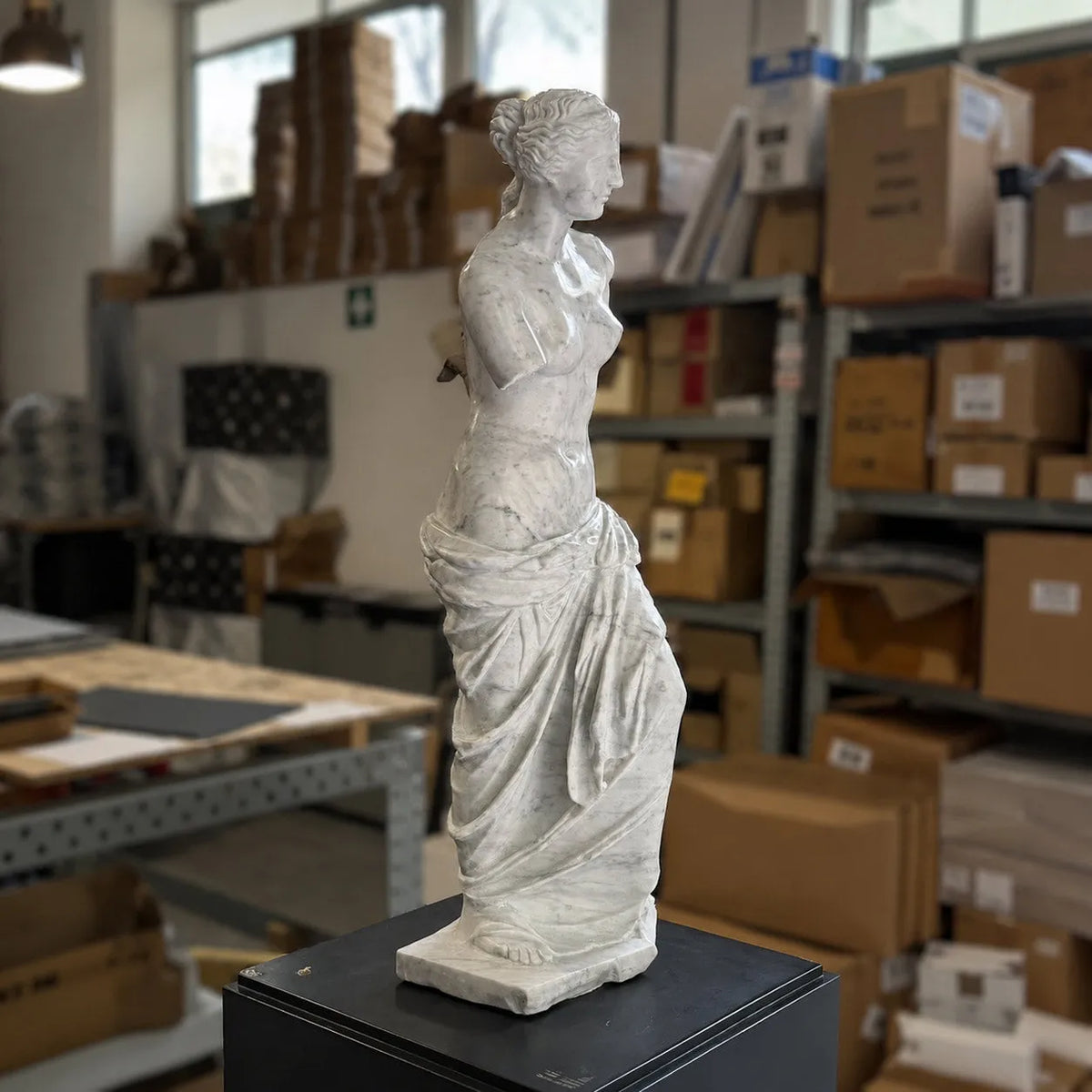 Venere di Milo in marmo di Carrara, vista di profilo su piedistallo nero in laboratorio.