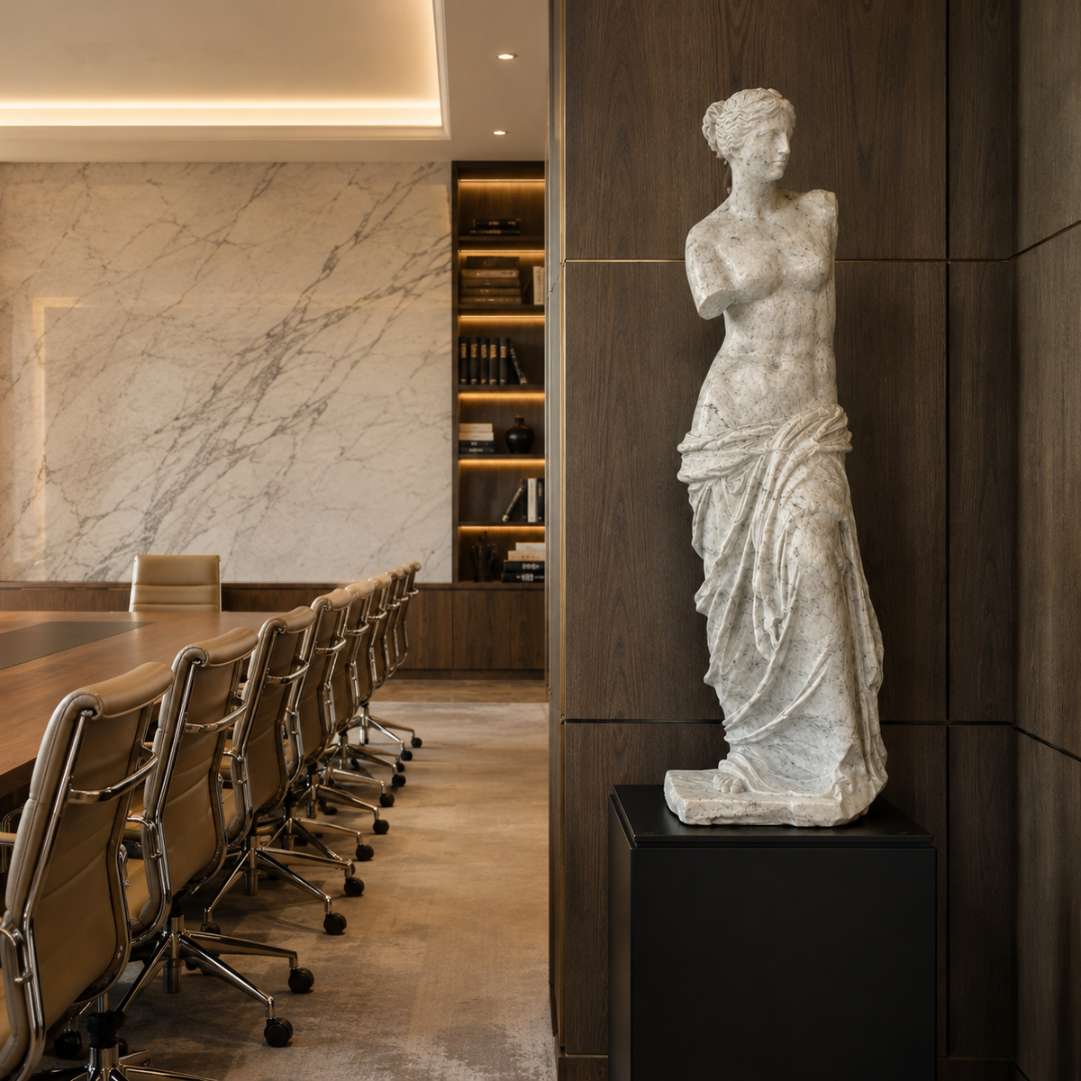 Venere di Milo in marmo di Carrara, su piedistallo nero in una sala riunioni.