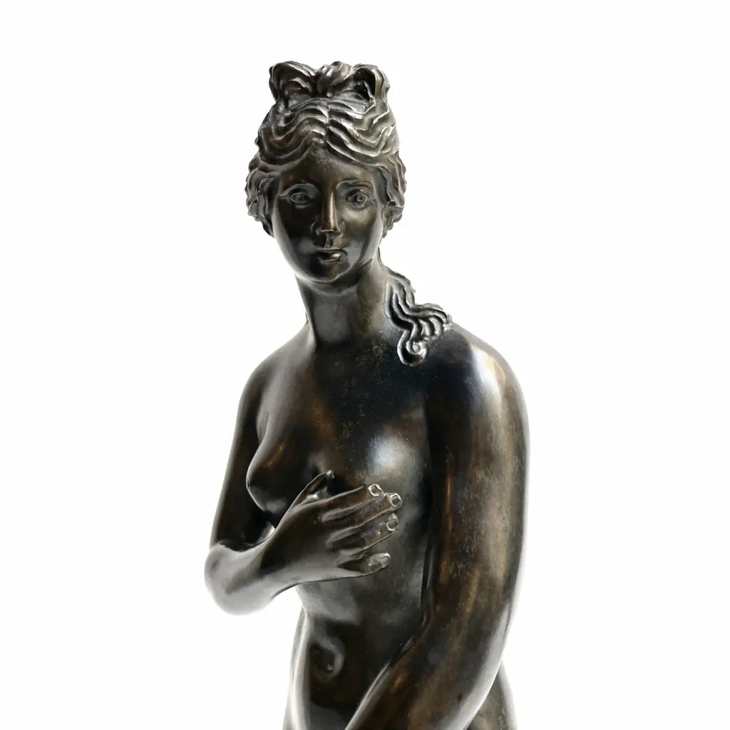 Dettaglio frontale del volto e del busto della Venere dei Medici in bronzo scuro, con una mano sul petto.