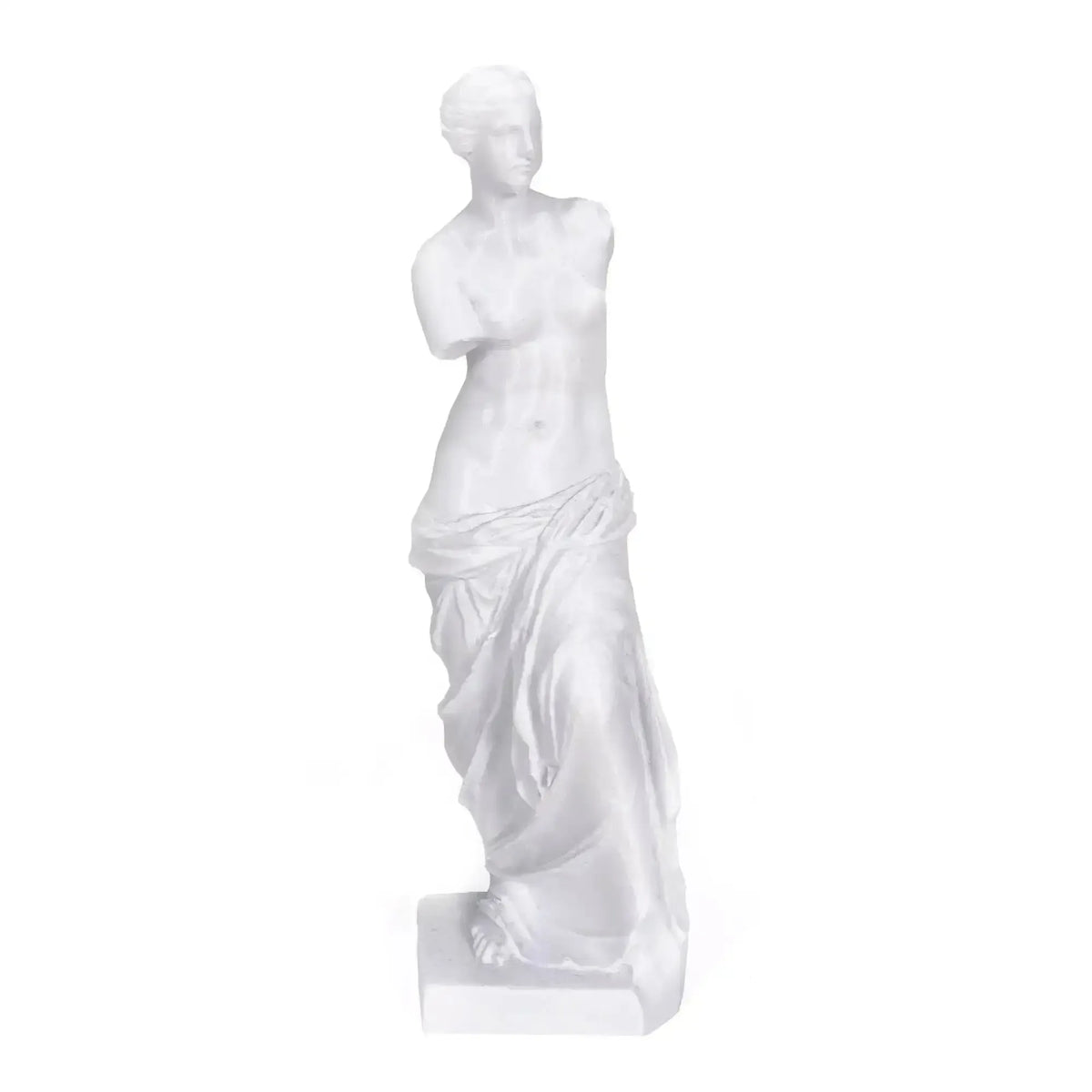 Venere di Milo in PLA bianco, vista frontalmente su fondo bianco.