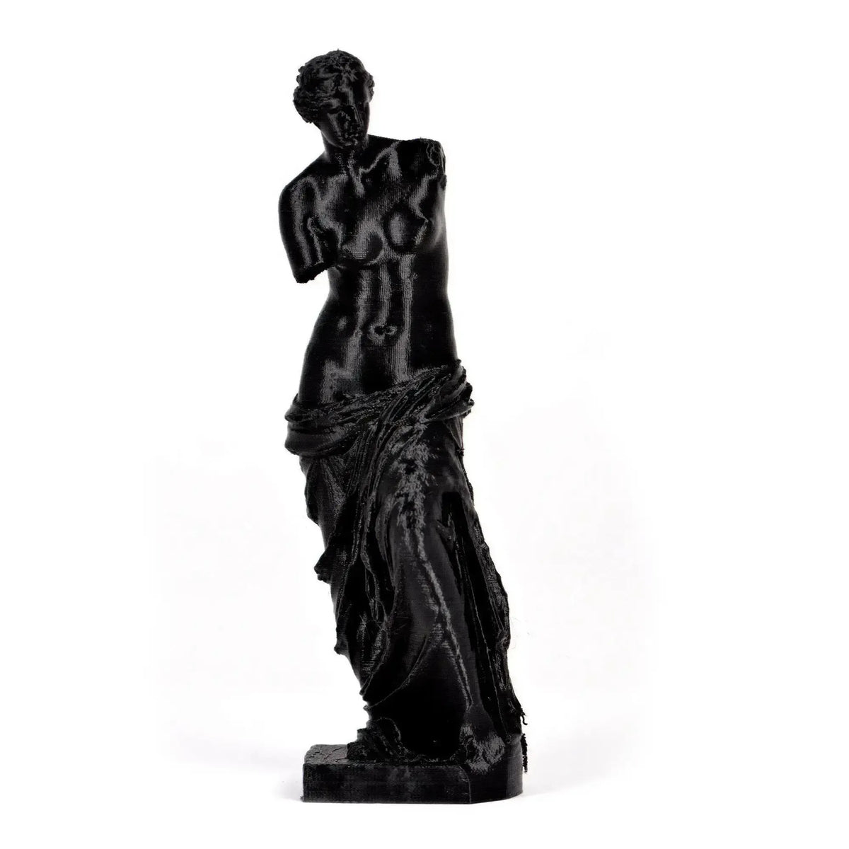 Venere di Milo in PLA nero, vista frontalmente su fondo bianco.