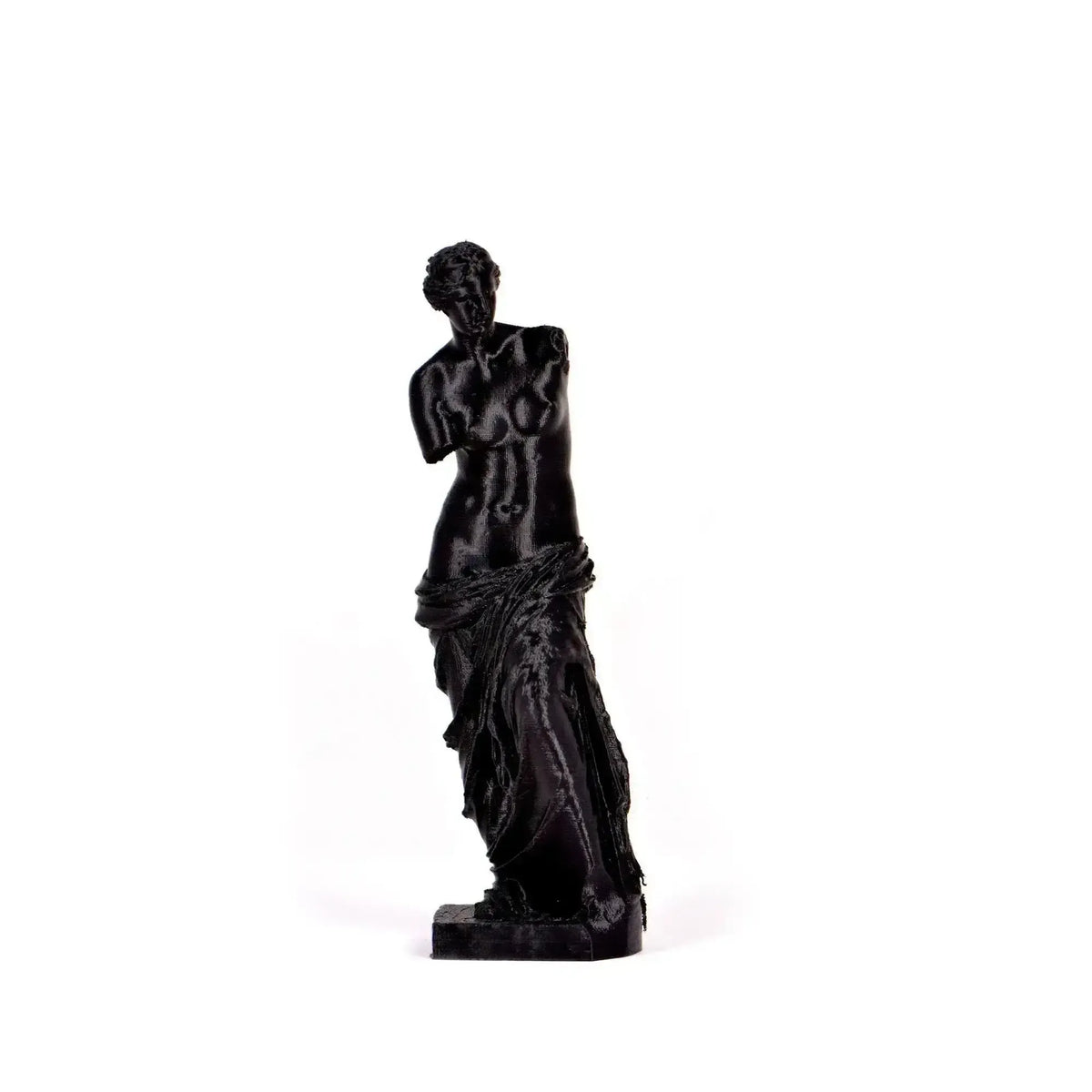 Venere di Milo in PLA nero, vista frontalmente con ampio margine bianco.