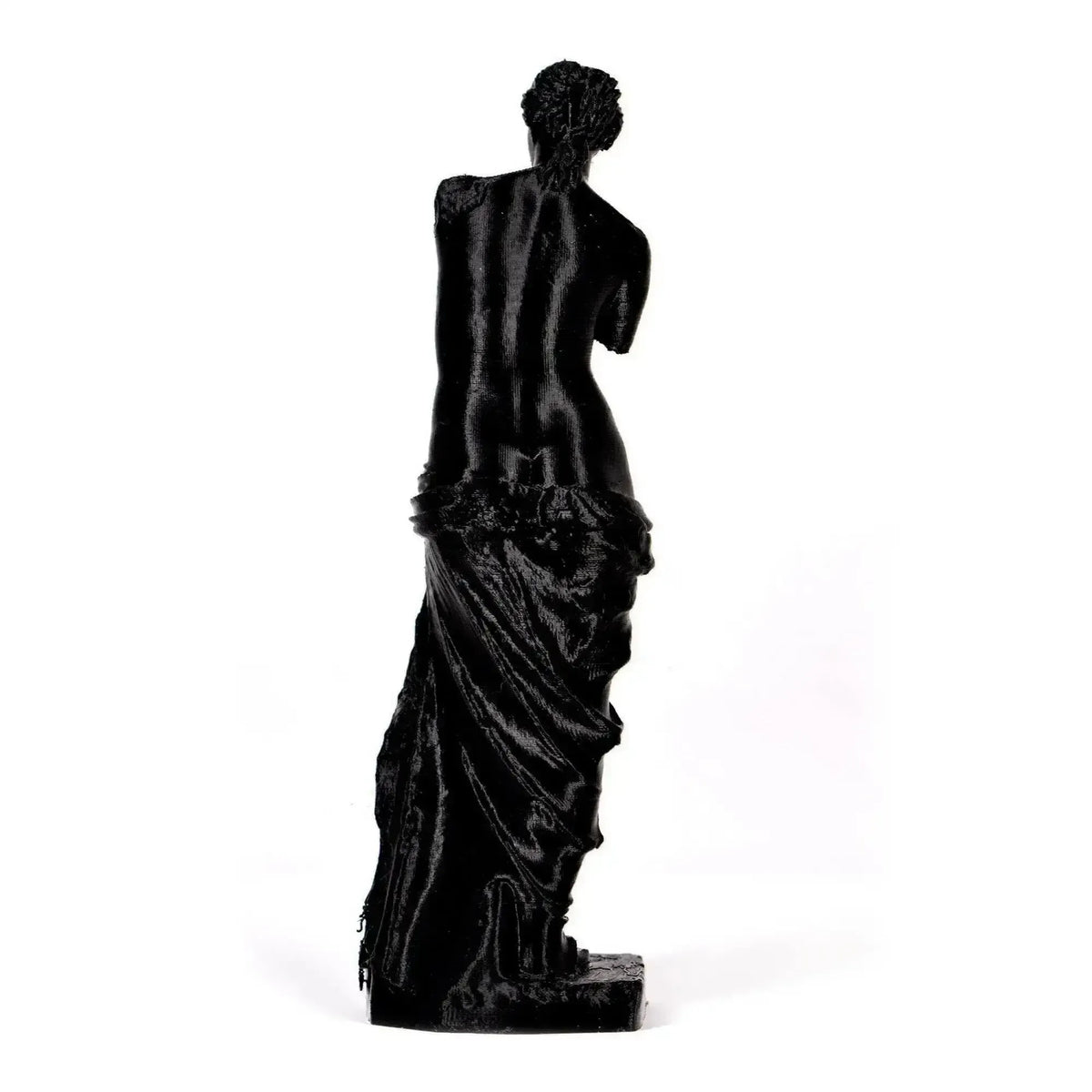 Venere di Milo in PLA nero, vista da dietro su fondo bianco.
