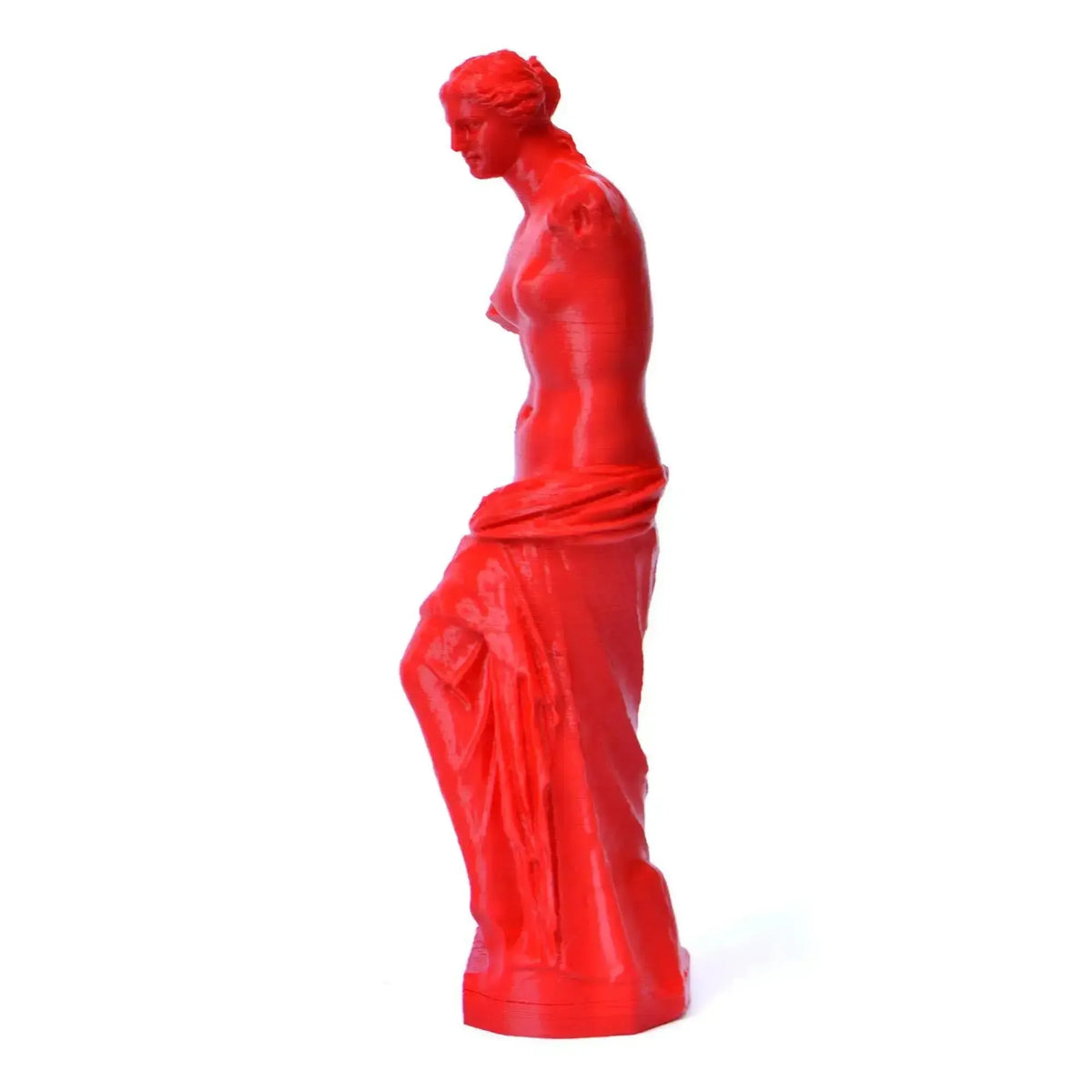 Venere di Milo in PLA rosso, vista lateralmente su fondo bianco.