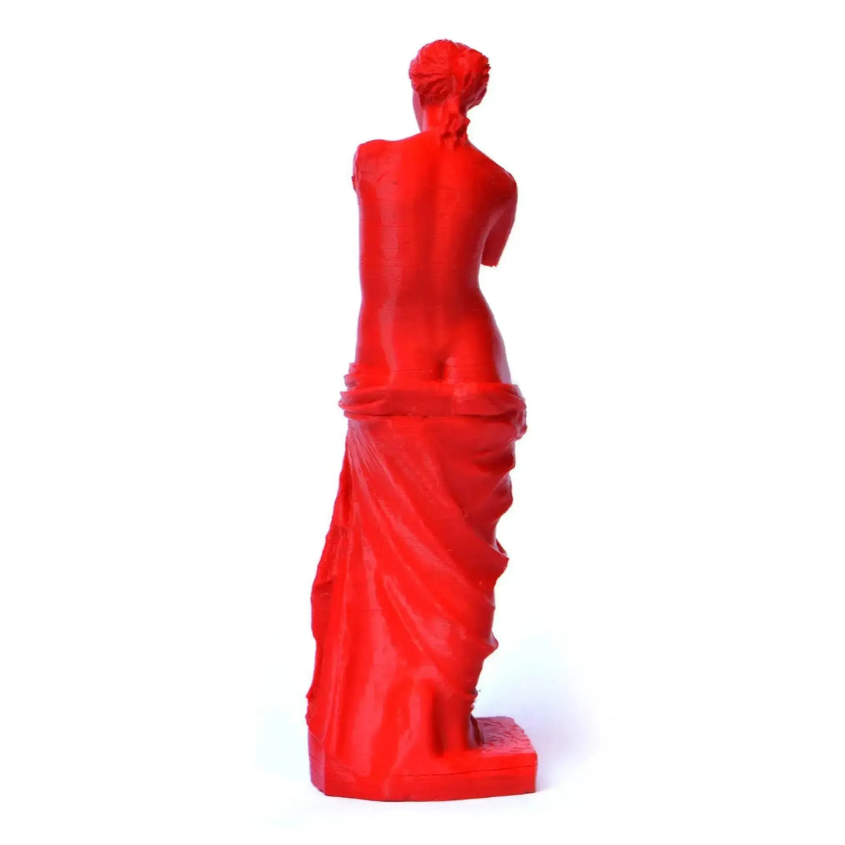 Venere di Milo in PLA rosso, vista da dietro su fondo bianco.