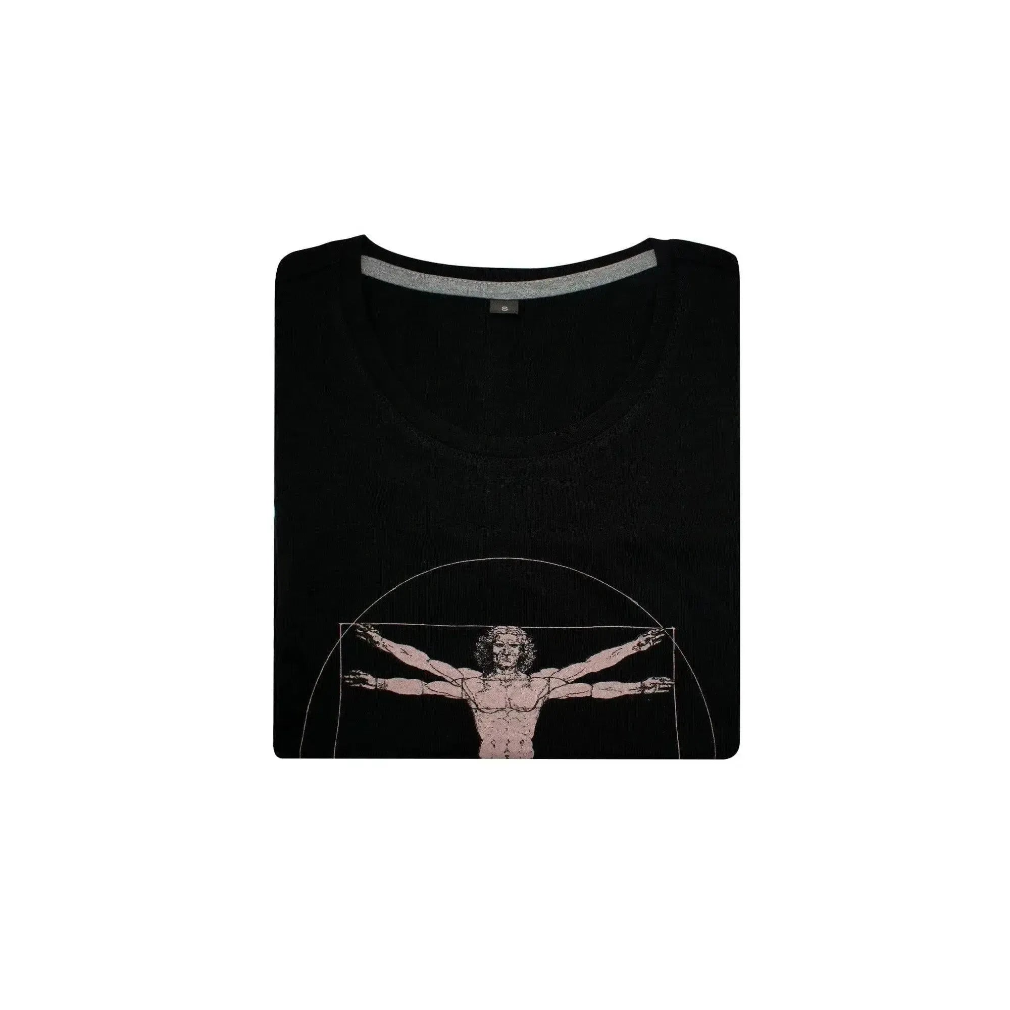 Black women's T Shirt with folded Vitruvian Man print by Leonardo Da Vinci