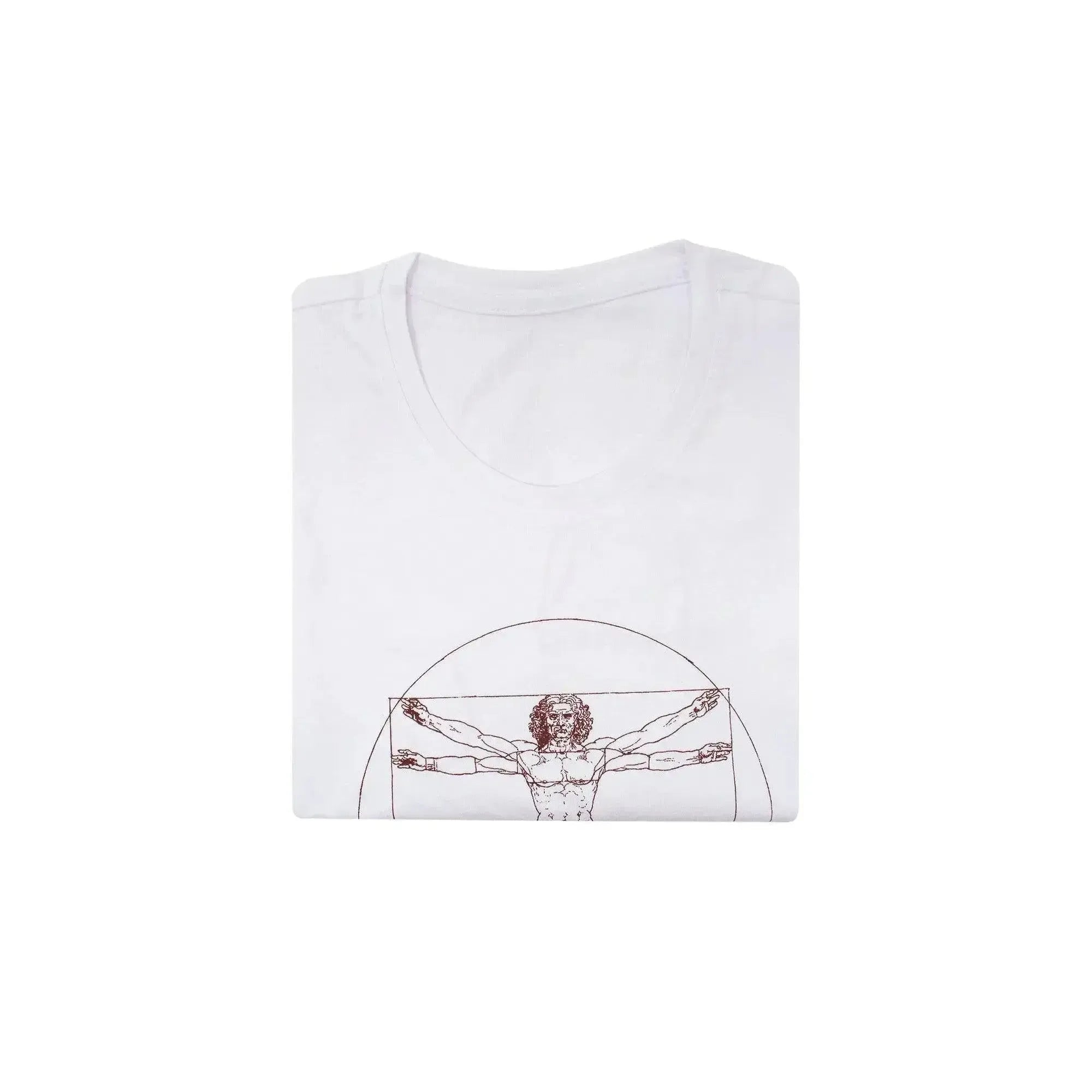 White women's T Shirt with folded Vitruvian Man print by Leonardo Da Vinci