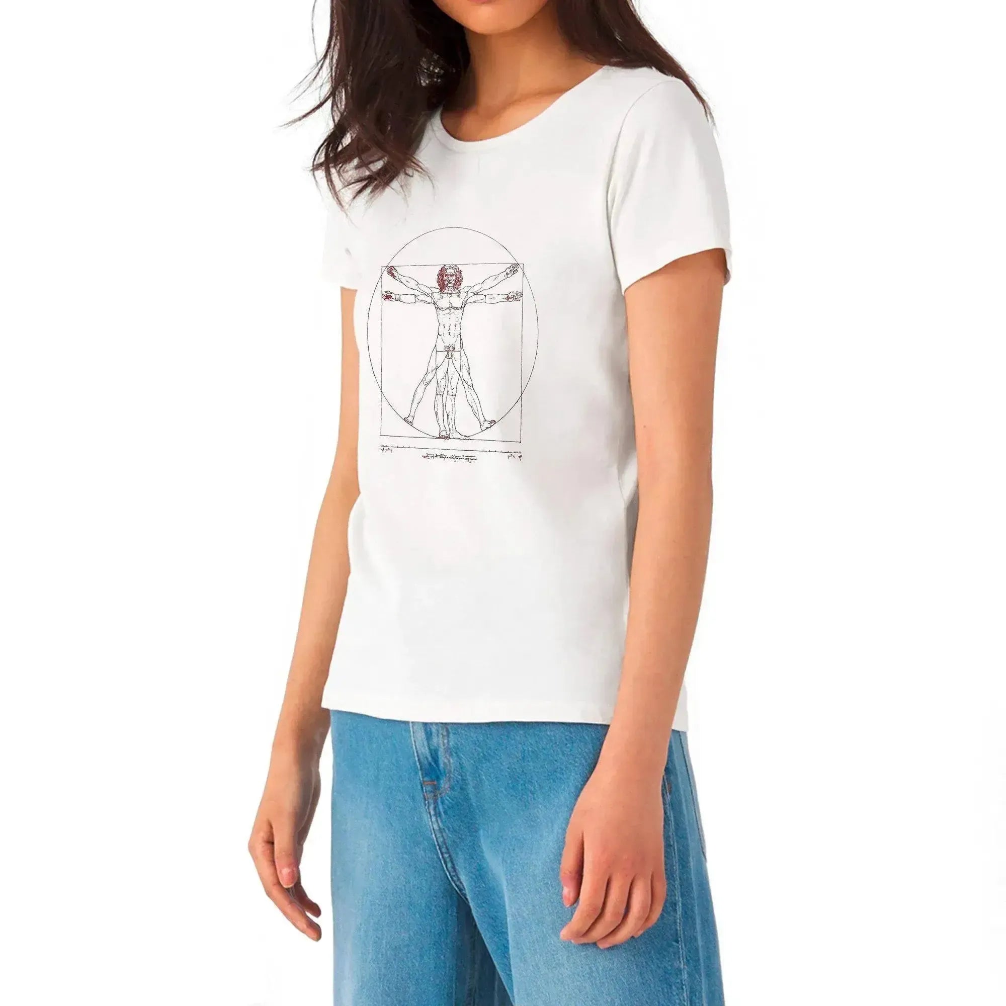 Camiseta blanca de mujer con estampado del Hombre de Vitruvio de Leonardo Da Vinci usada
