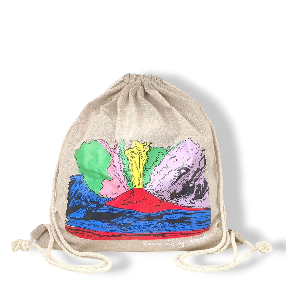 Zainetto beige in cotone con stampa colorata Vesuvius di Andy Warhol e cordini beige