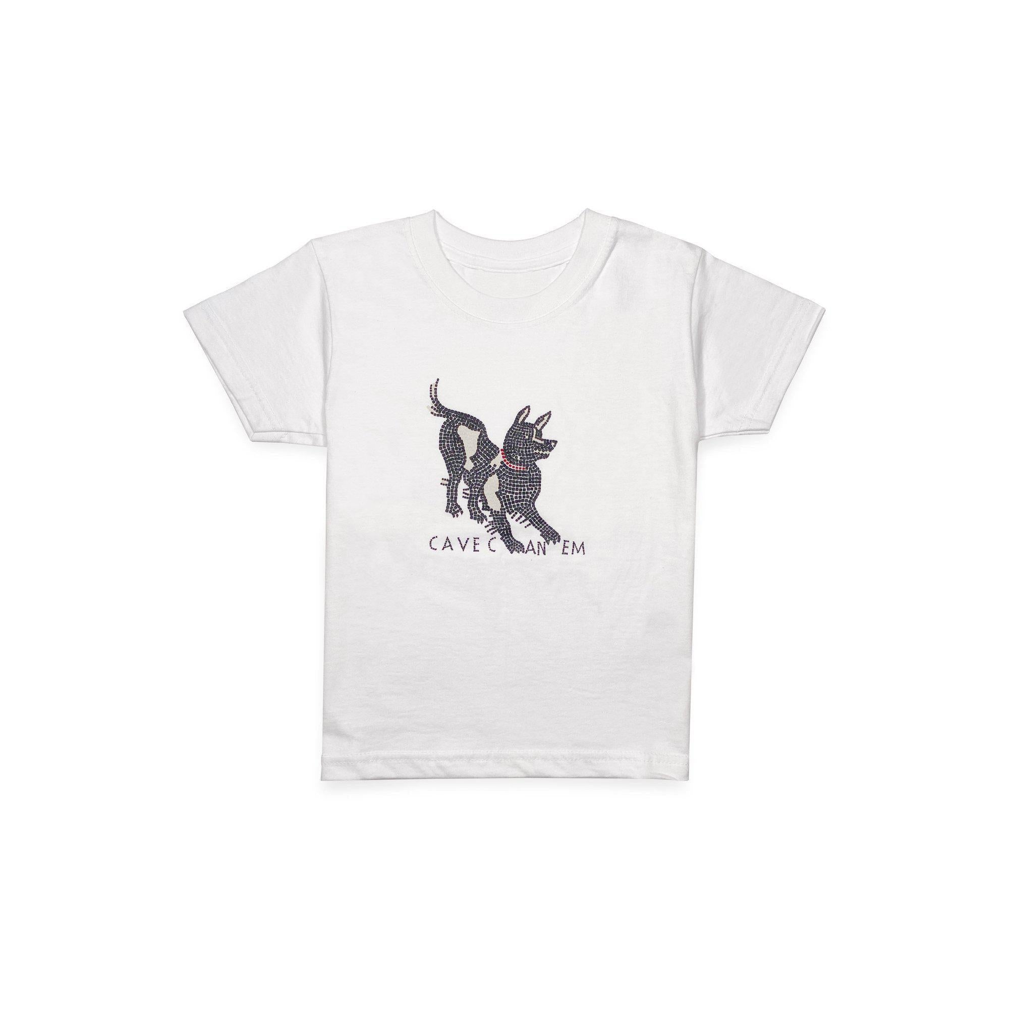 T-shirt bambini in cotone con stampa “Cave Canem” ispirata al mosaico di Pompei.