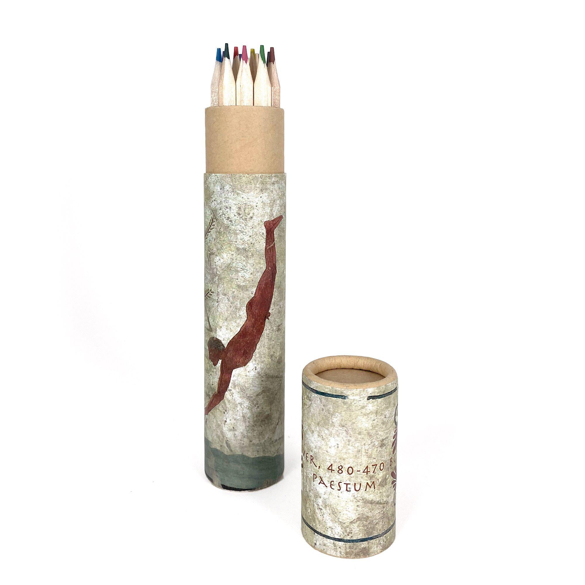 Crayons artistiques en boîte avec le Plongeur de Paestum – fresque symbolique gréco-italique